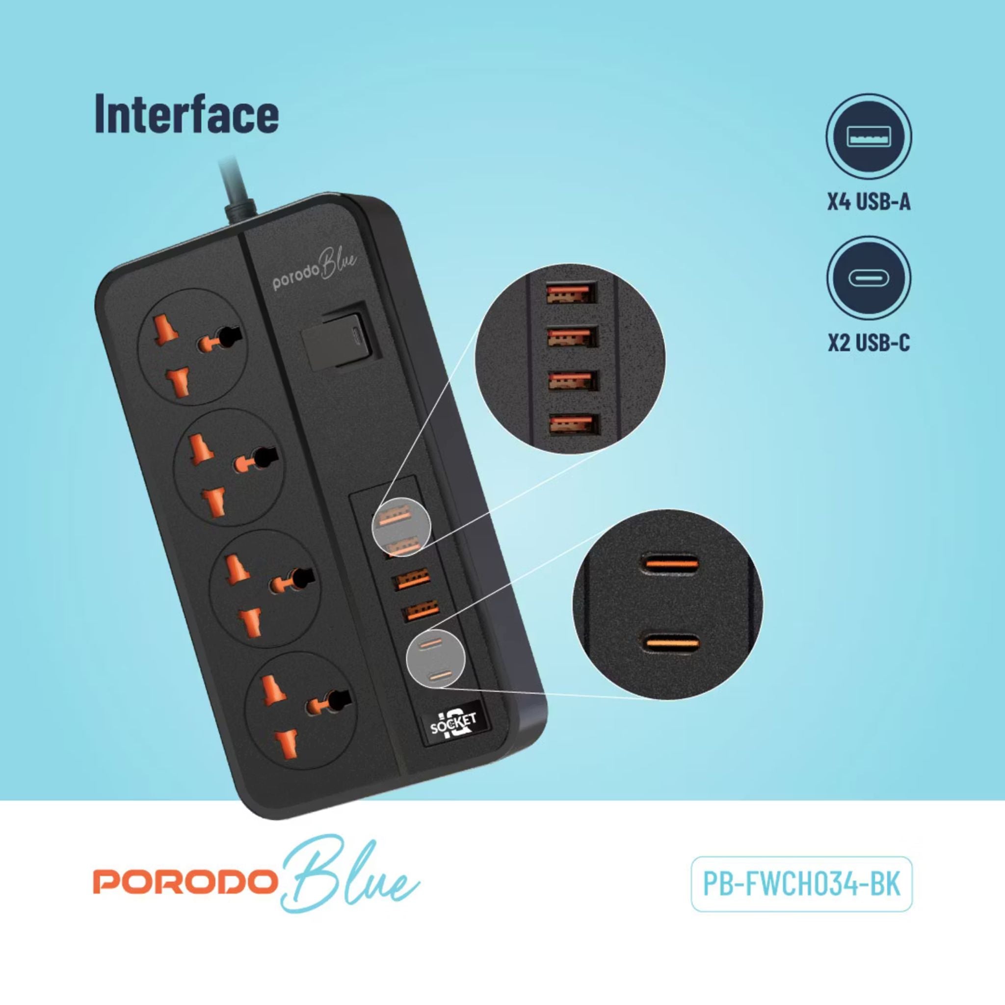 Porodo 4 AC Universal Power Strip with ×4 USB-A & ×2 USB-C Ports, 3000W Rated Power, 3m Cable Length, UK 3-Pin Power Plug, Premium Materials, Safety Shutters - Black