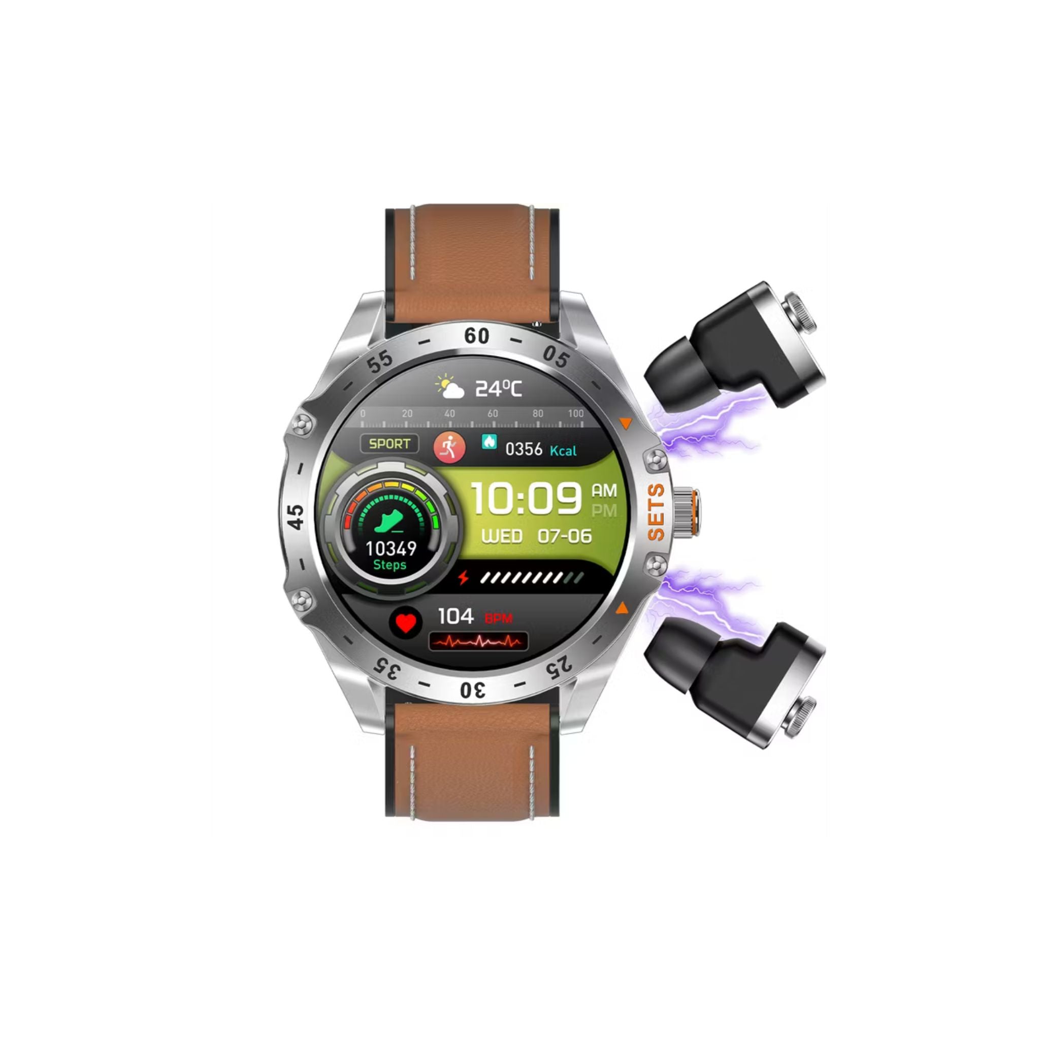 Porodo Hype Smart Watch with Wireless Earbuds and Black Leather Band, Compatible with Android 5.0, iOS 10.0 and Above