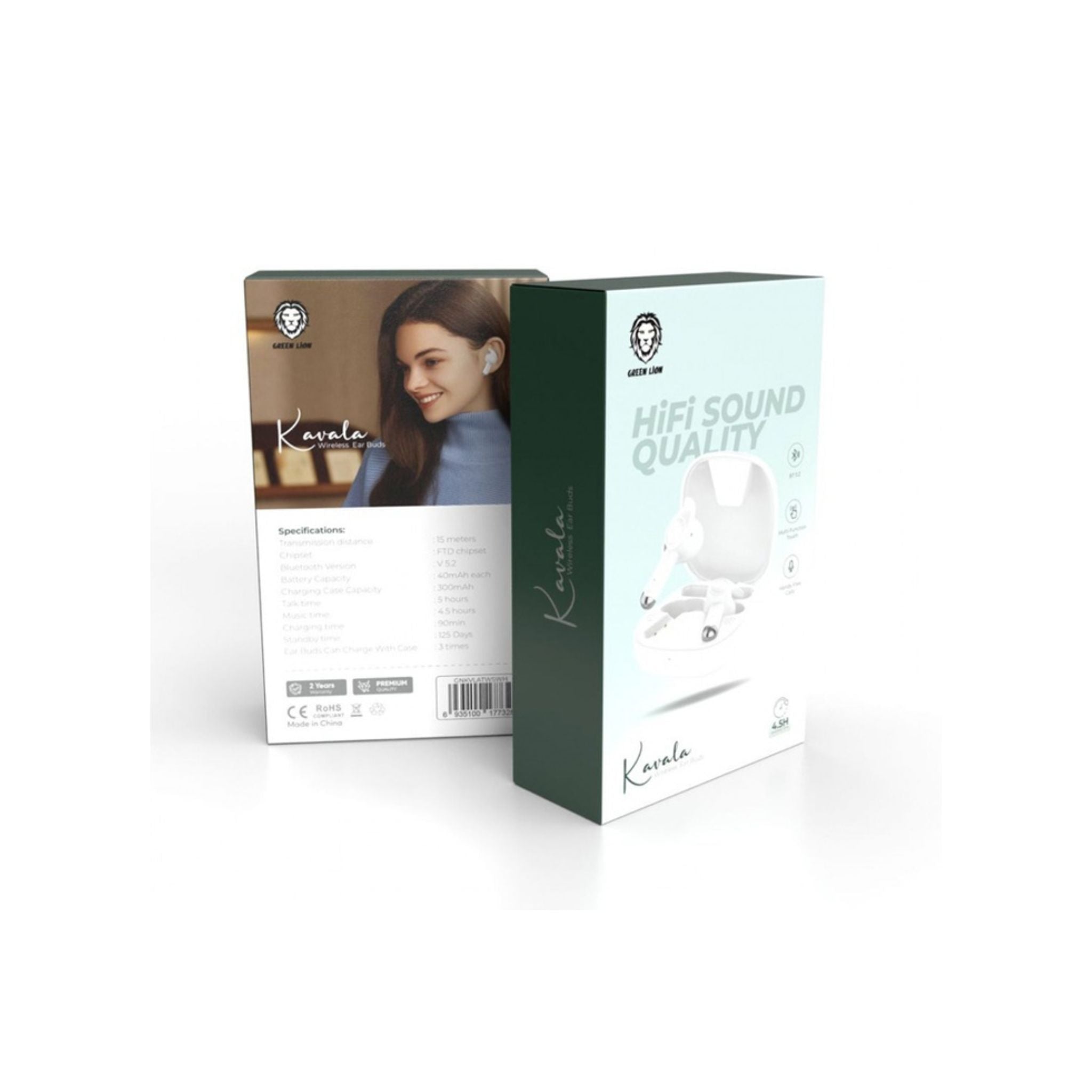 Green Lion Kavala Wireless Earbuds, 4.5 Hours Playtime, Bluetooth 5.2, Multi-Function Touch, 125 Days Standby, FTD Chipset - White