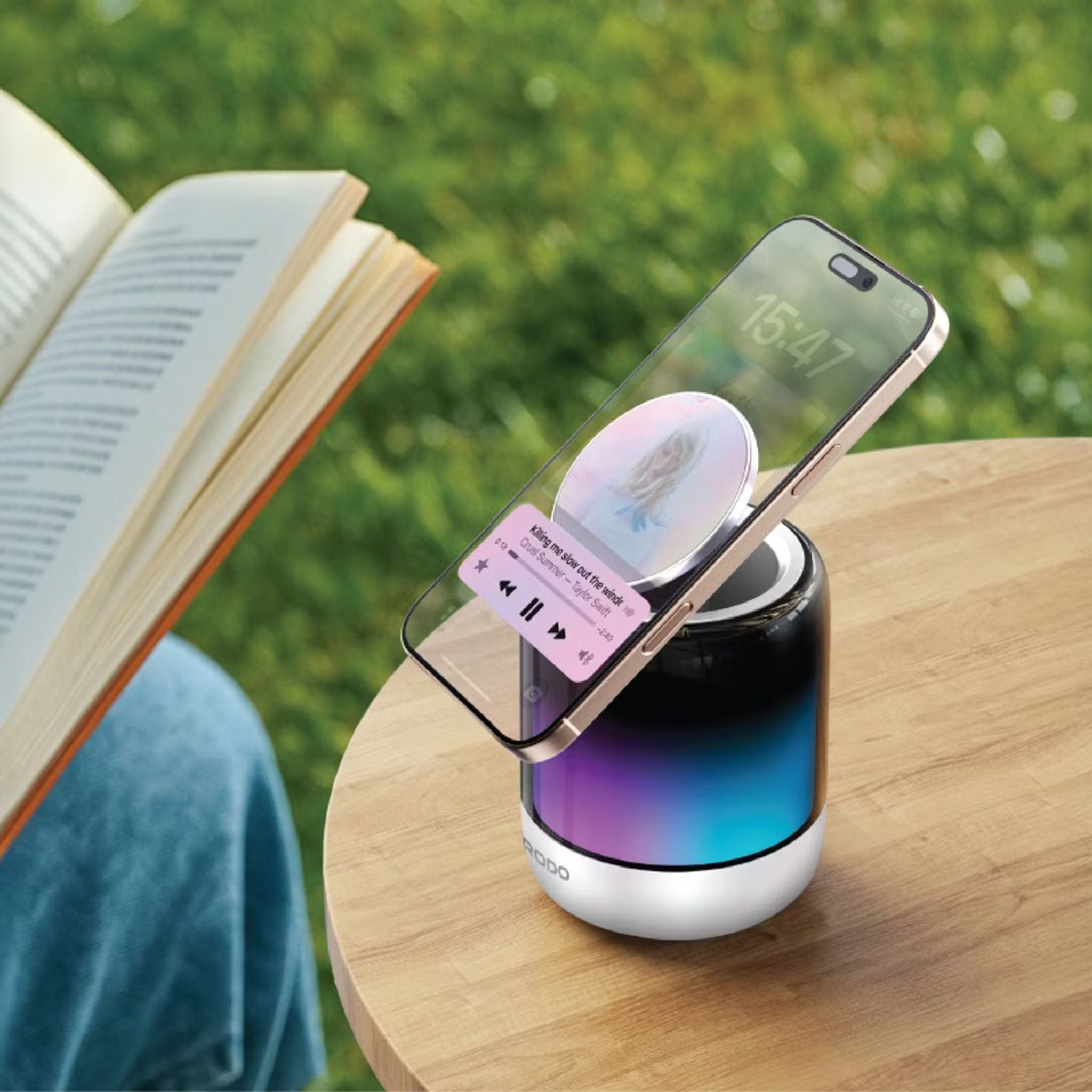 Porodo SyncGlow Speaker & Phone Holder with Rhythmic Lights, 500mAh Battery, Bluetooth Version 5.3, 150 Minutes Working Time, 360° Flexible Rotation, ABS & PC Material, Immersive Sound, 5W Rated Power - White