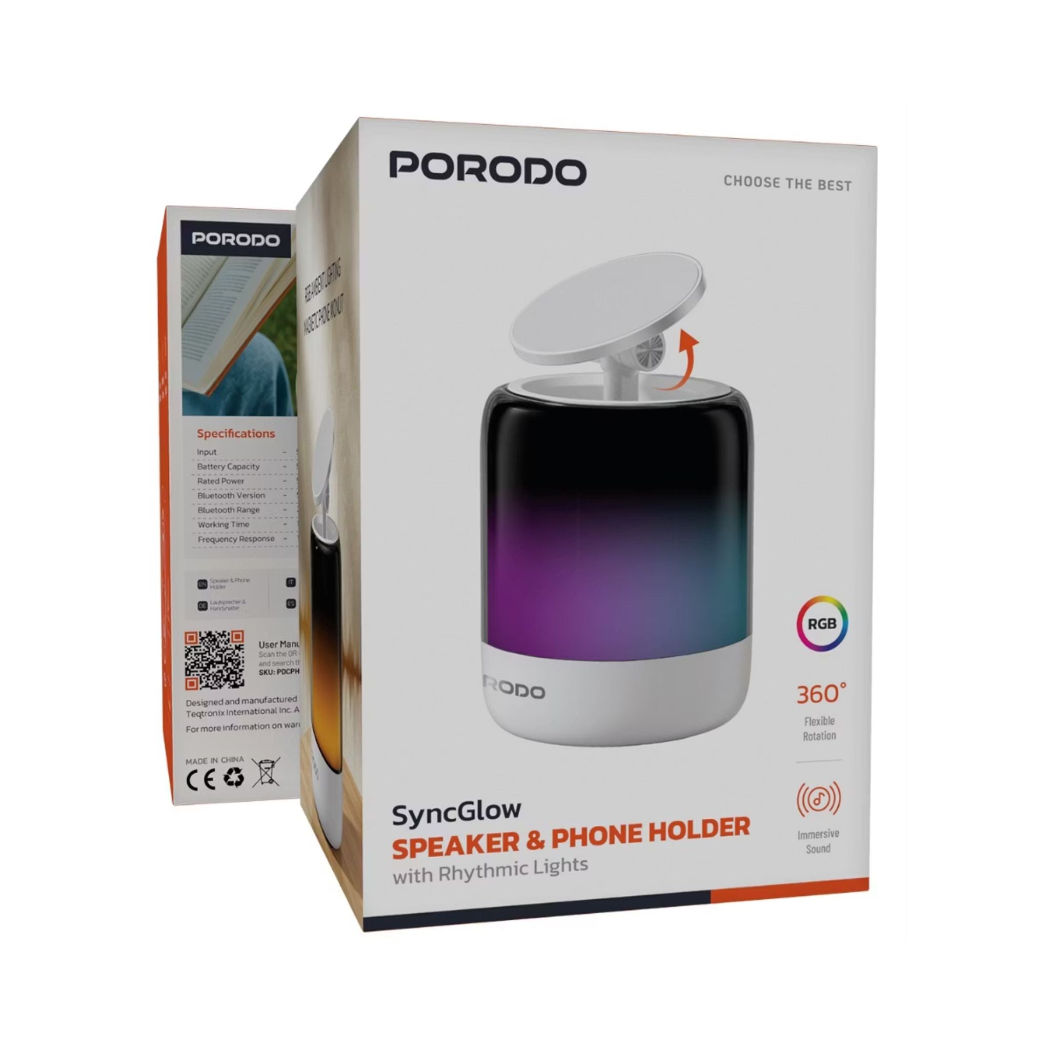 Porodo SyncGlow Speaker & Phone Holder with Rhythmic Lights, 500mAh Battery, Bluetooth Version 5.3, 150 Minutes Working Time, 360° Flexible Rotation, ABS & PC Material, Immersive Sound, 5W Rated Power - White