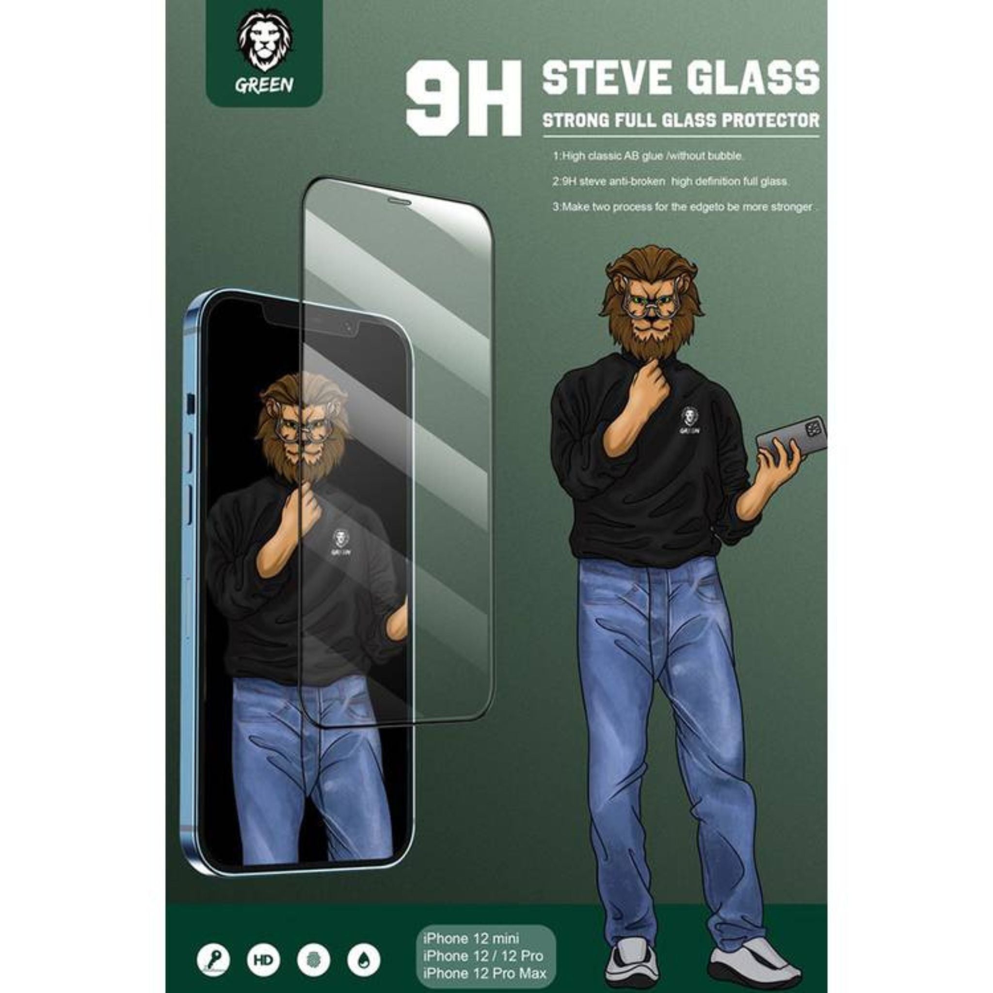 Green Lion 9H Steve HD Glass Protector for iPhone 12 Pro Max ( 6.7" ), Anti Scratch & Anti-Finger Print, Highly Responsive, Grease Resistance, Bubble Free - Clear