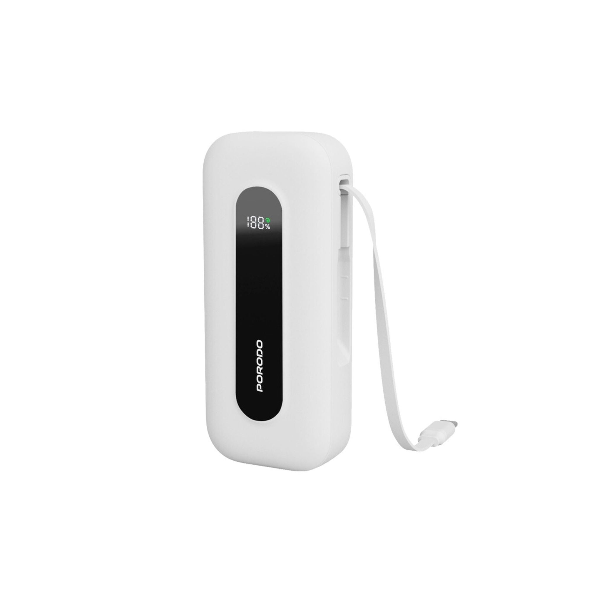 Porodo 10000mAh Power Bank with Type-C Port & Integrated Type-C Cable, Digital Display, PD 30W, Lightweight & Portable - White