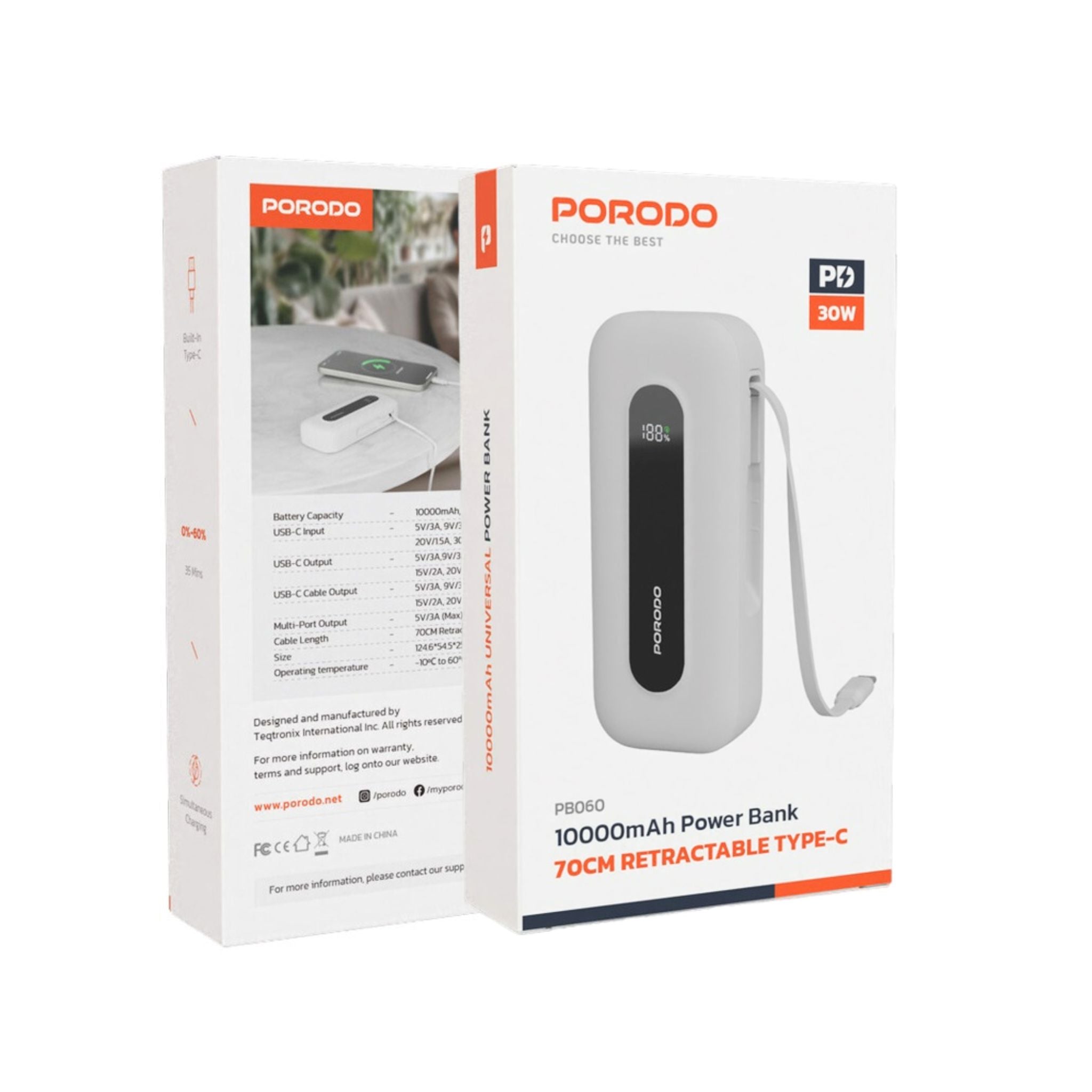 Porodo 10000mAh Power Bank with Type-C Port & Integrated Type-C Cable, Digital Display, PD 30W, Lightweight & Portable - White