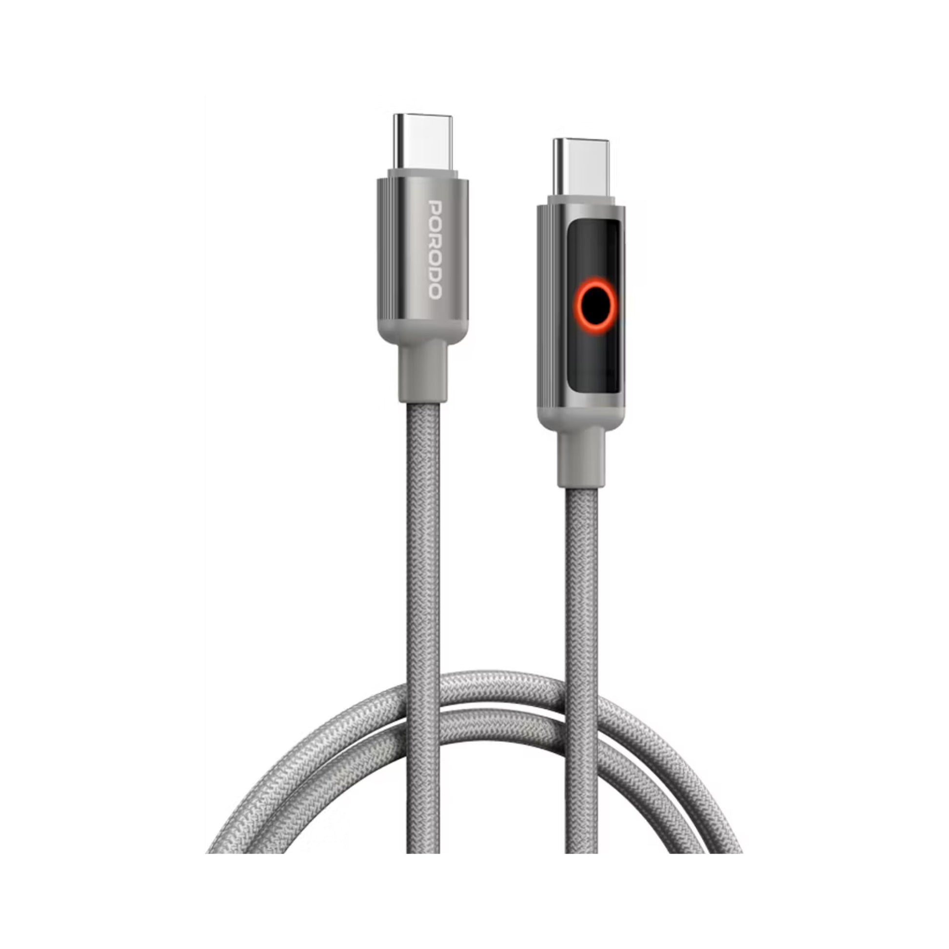 Gray charging cable with USB-C connector on a white background