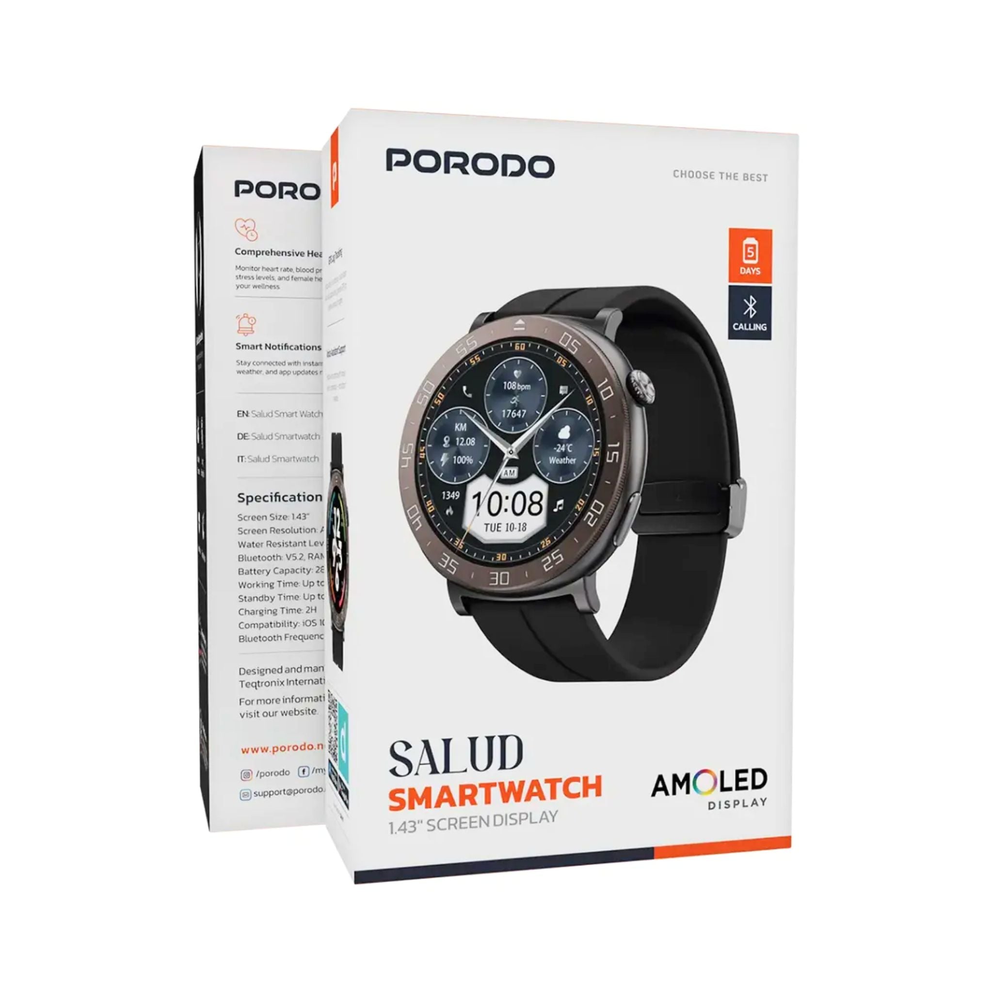 Porodo Salud Smart Watch 1.43" AMOLED Display, IP68 Water Resistant, Bluetooth 5.2, Heart Rate & Sleep Monitor, GPS Log Tracking, Voice Assistant, 5-Day Battery Life-Black