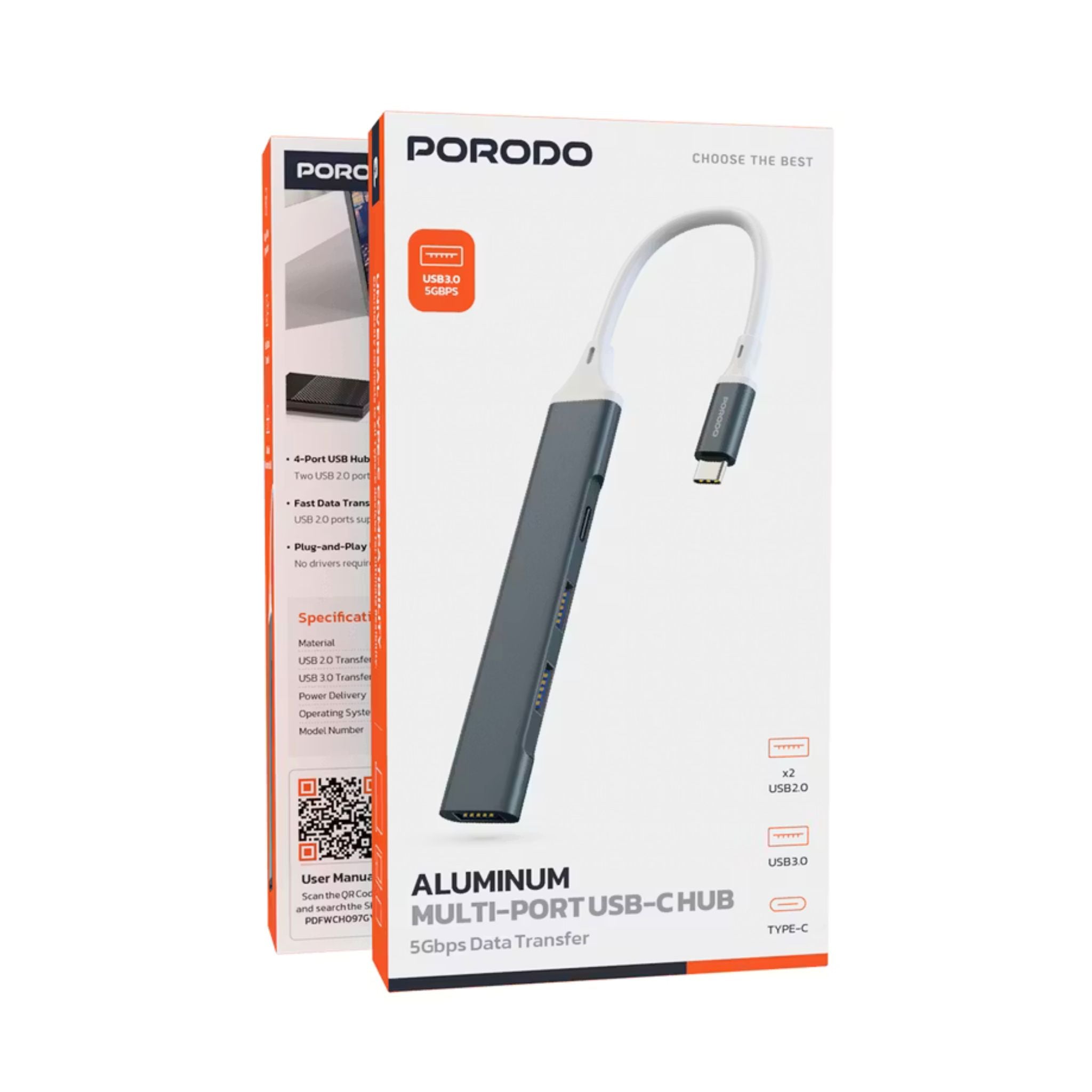 Porodo 4-in-1 Multi-Port USB-C Hub with Fast Data Transfer, Plug and Play Operation, Durable Aluminum Build, 2× USB 2.0, USB 3.0, USB-C Port, 5 Gbps USB 3.0 Transfer Rate, Aluminum Alloy and TPE Material - Gray