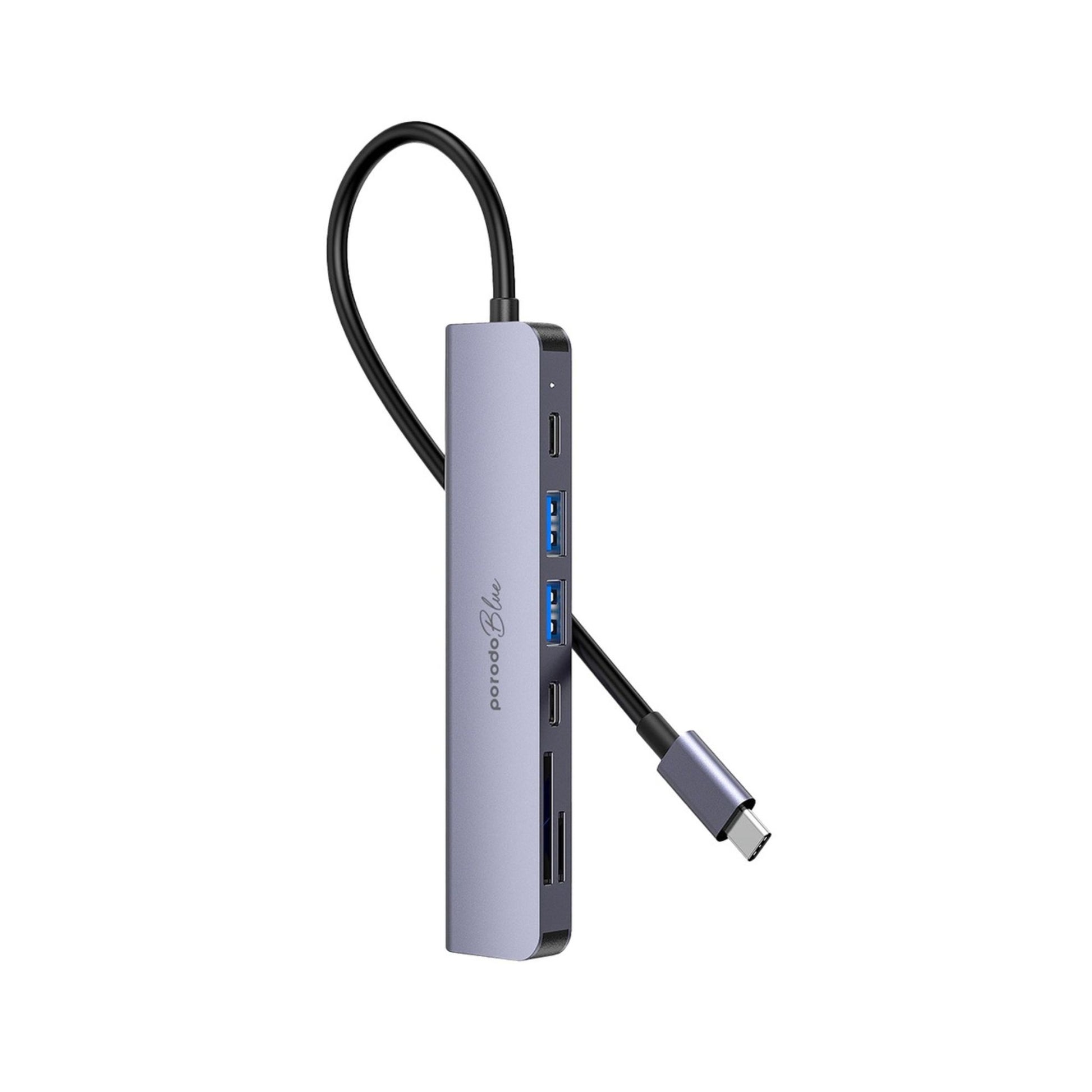 A gray Porodo 7-inch 1 USB-C hub with multiple ports, including HDMI, USB-A, and SD card slots, featuring a braided cable and a sleek design.