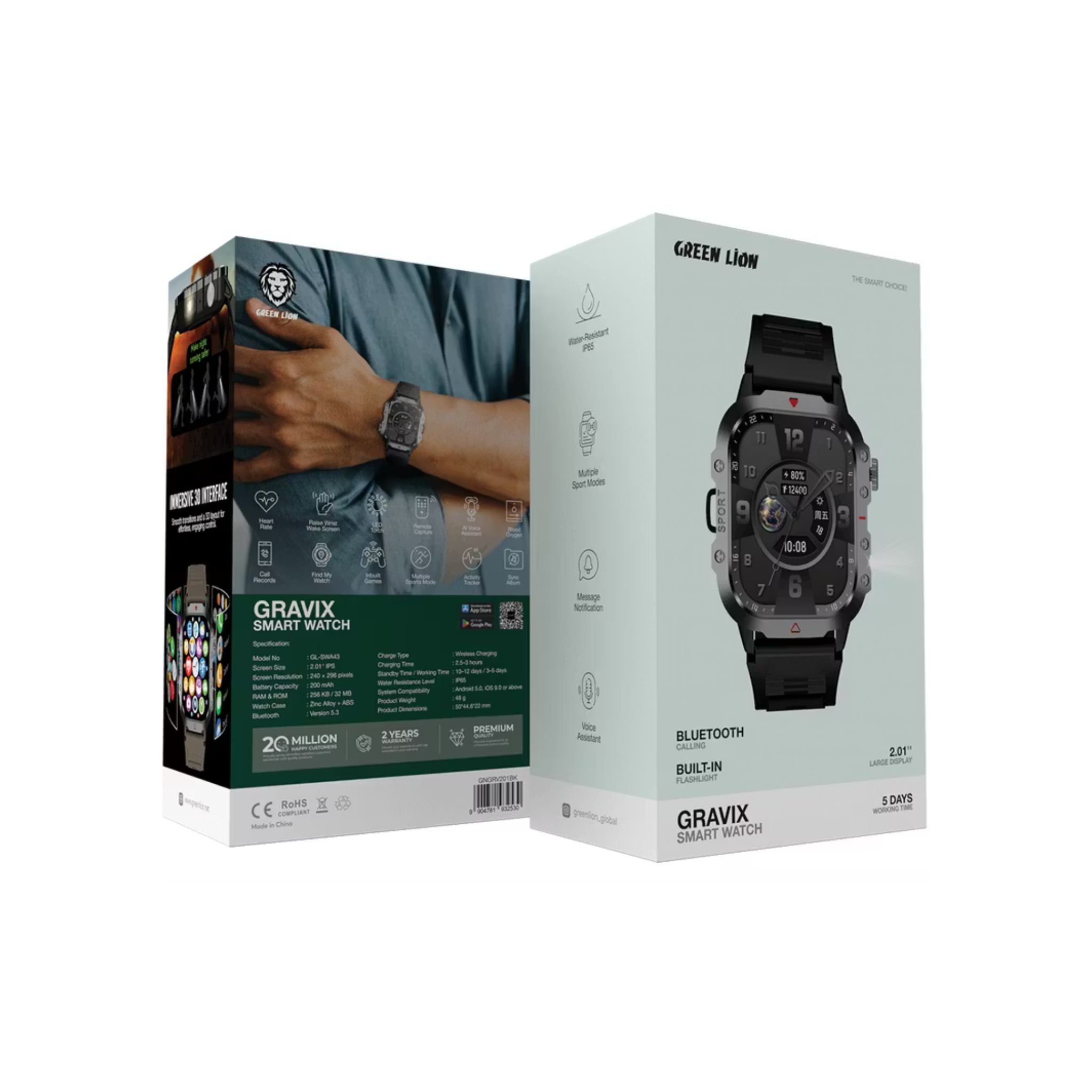 Green Lion Gravix Smart Watch with Multiple Sport Modes, 200mAh Battery Capacity, Remote Capture, IP65 Water Resistance Level, Bluetooth Version 5.3, Heart Rate Monitor - Black