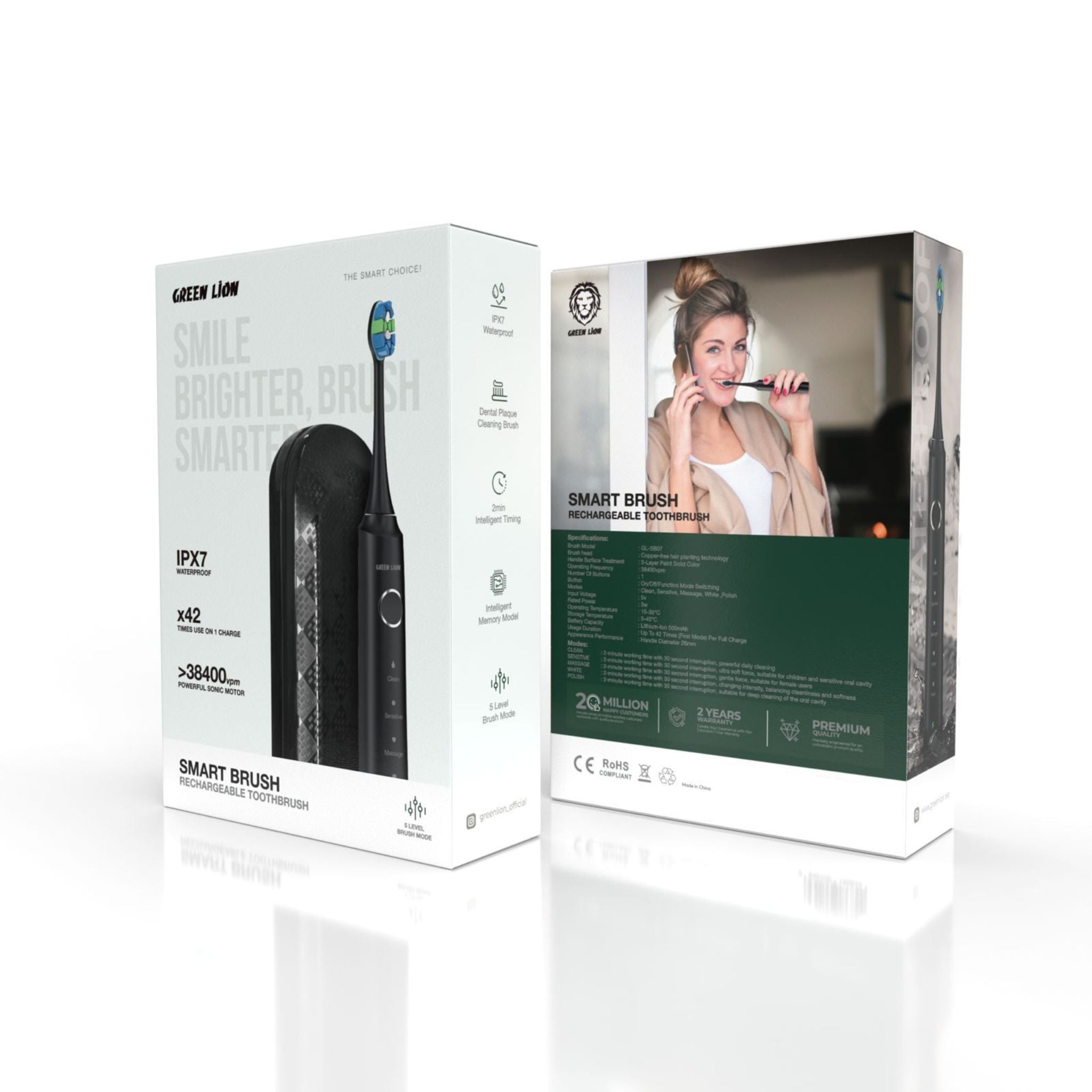 Green Lion Smart Brush Rechargeable Toothbrush with 5 Brush Mode Levels, Waterproof, Dental Plaque Cleaning Brush, Powerful Sonic Motor - Black
