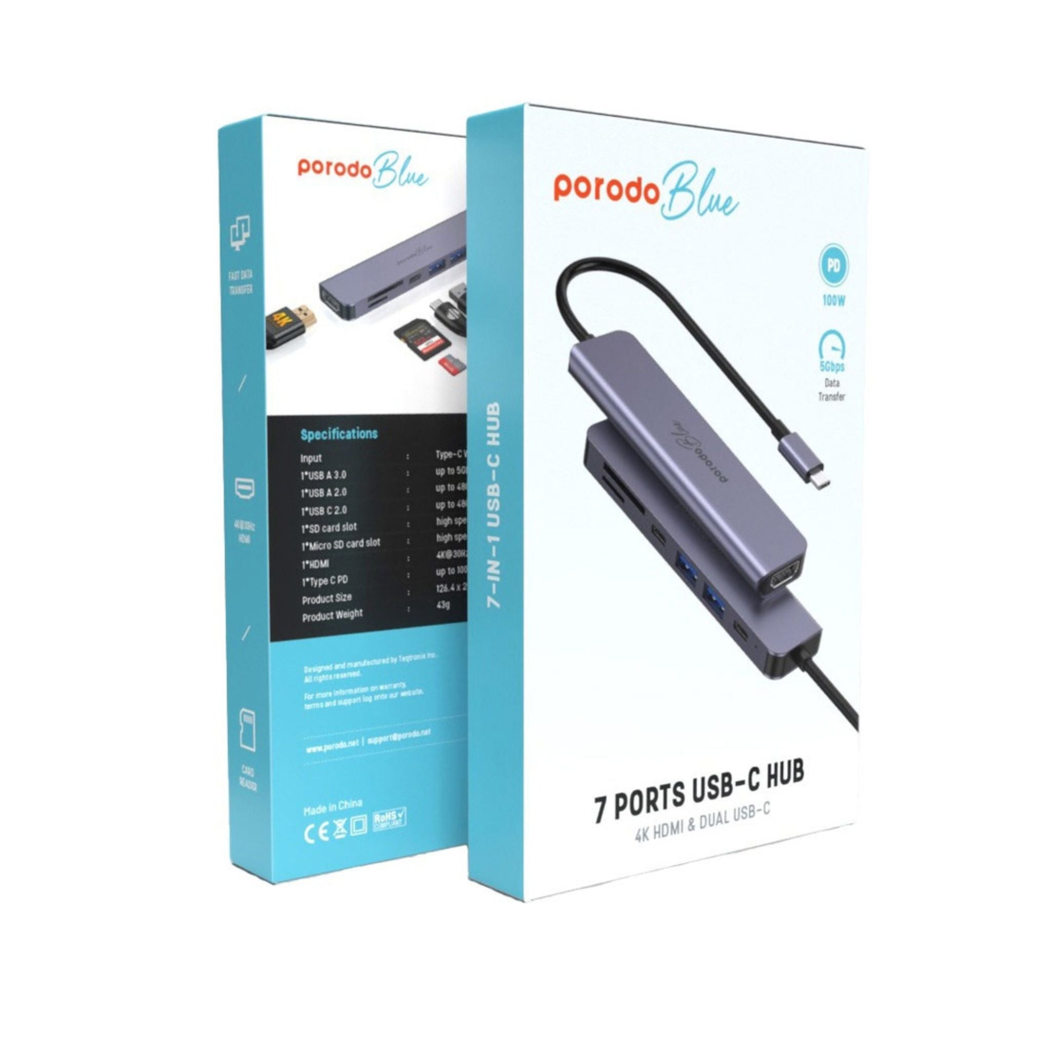 Porodo Blue 7 Ports USB-C HUB 4K HDMI & Dual USB-C, 100W PD, Card Reader, Plug and Play, Hot Swappable, Windows/Mac OS/Android - Gray