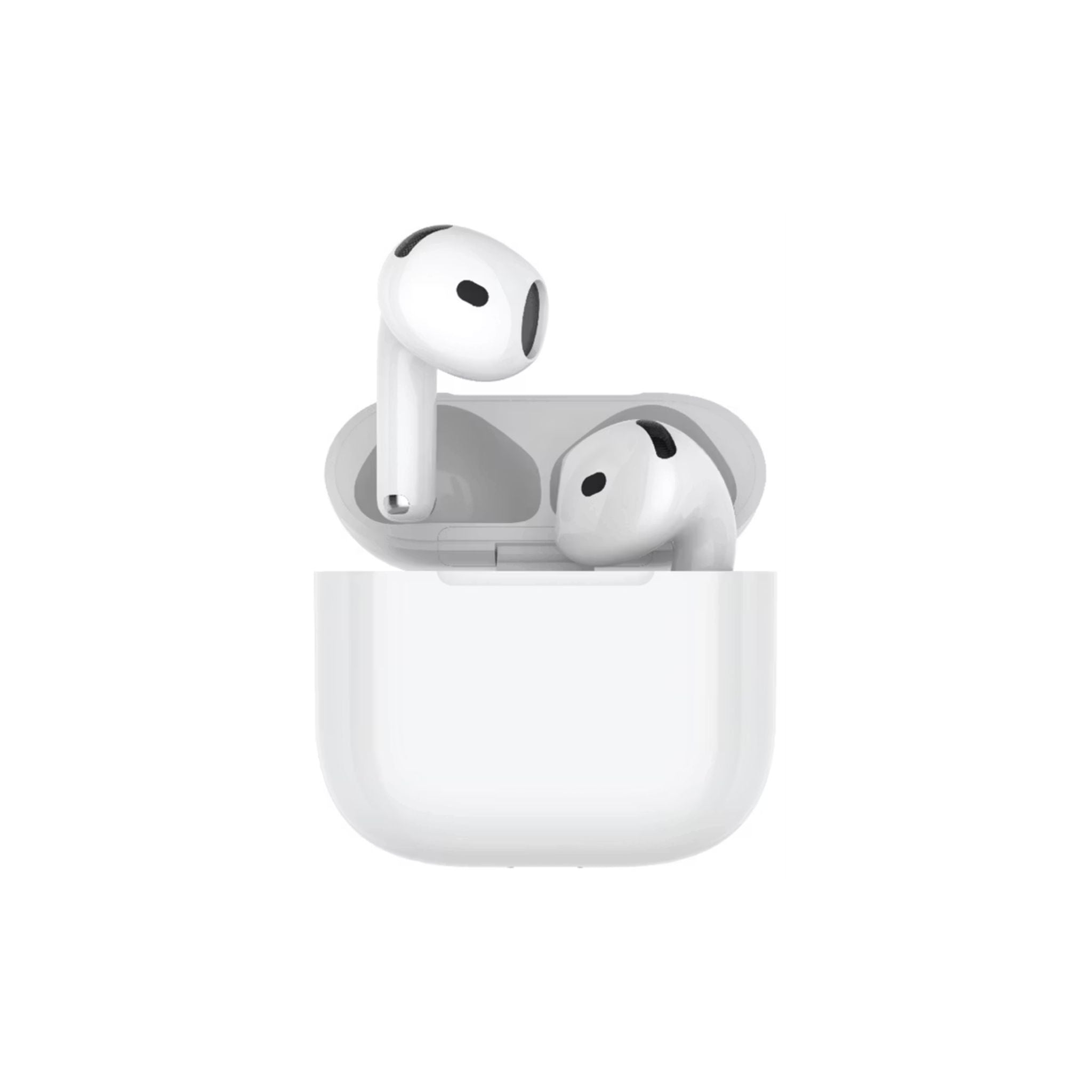 White wireless earbuds with charging case on a white background