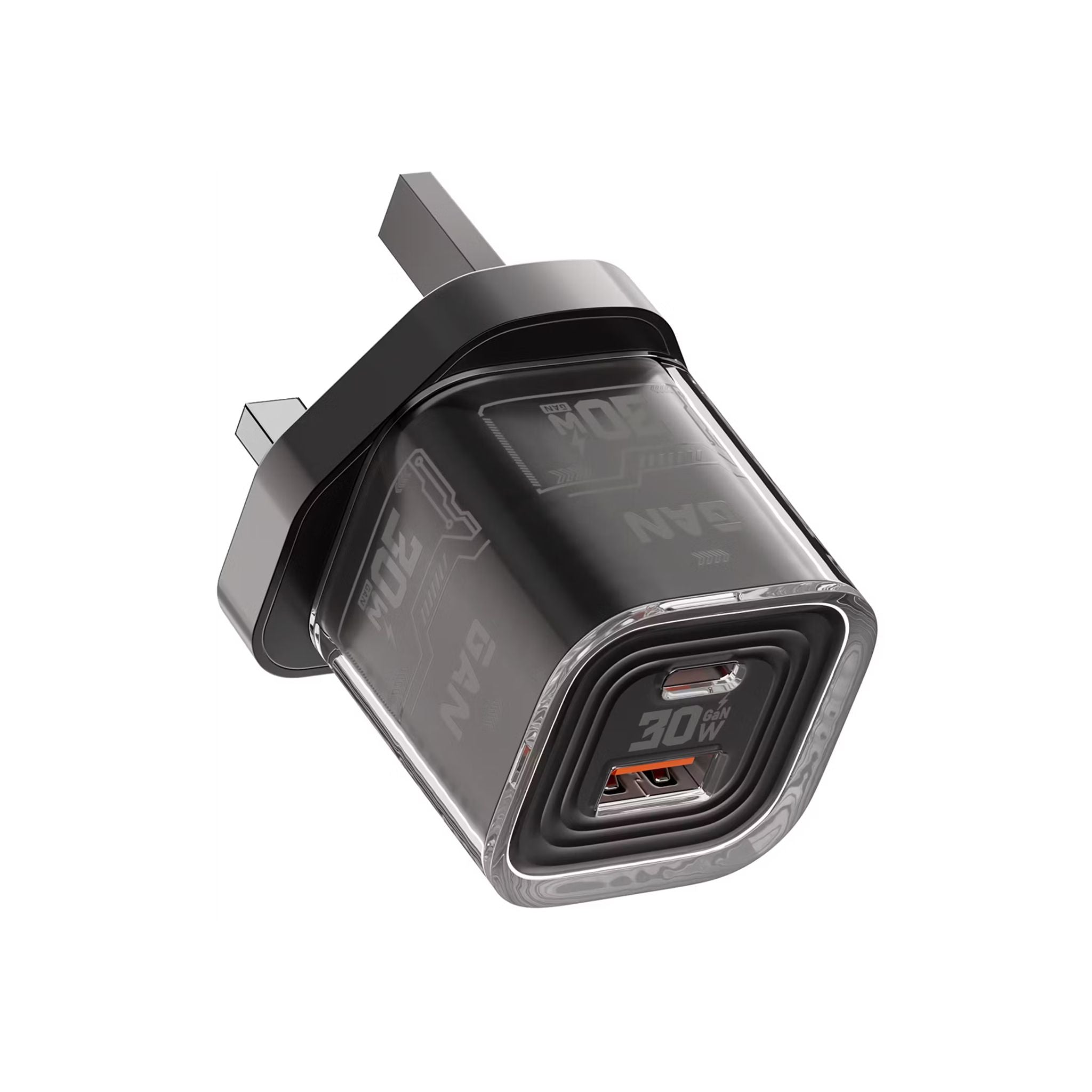 Porodo TEZCLARTÉ Quick Wall Charger with Dual Port Fast Charging, Flame Retardant Housing, Transparent Design, PD 30W USB-C Output, QC 20W USB-A Output - Black