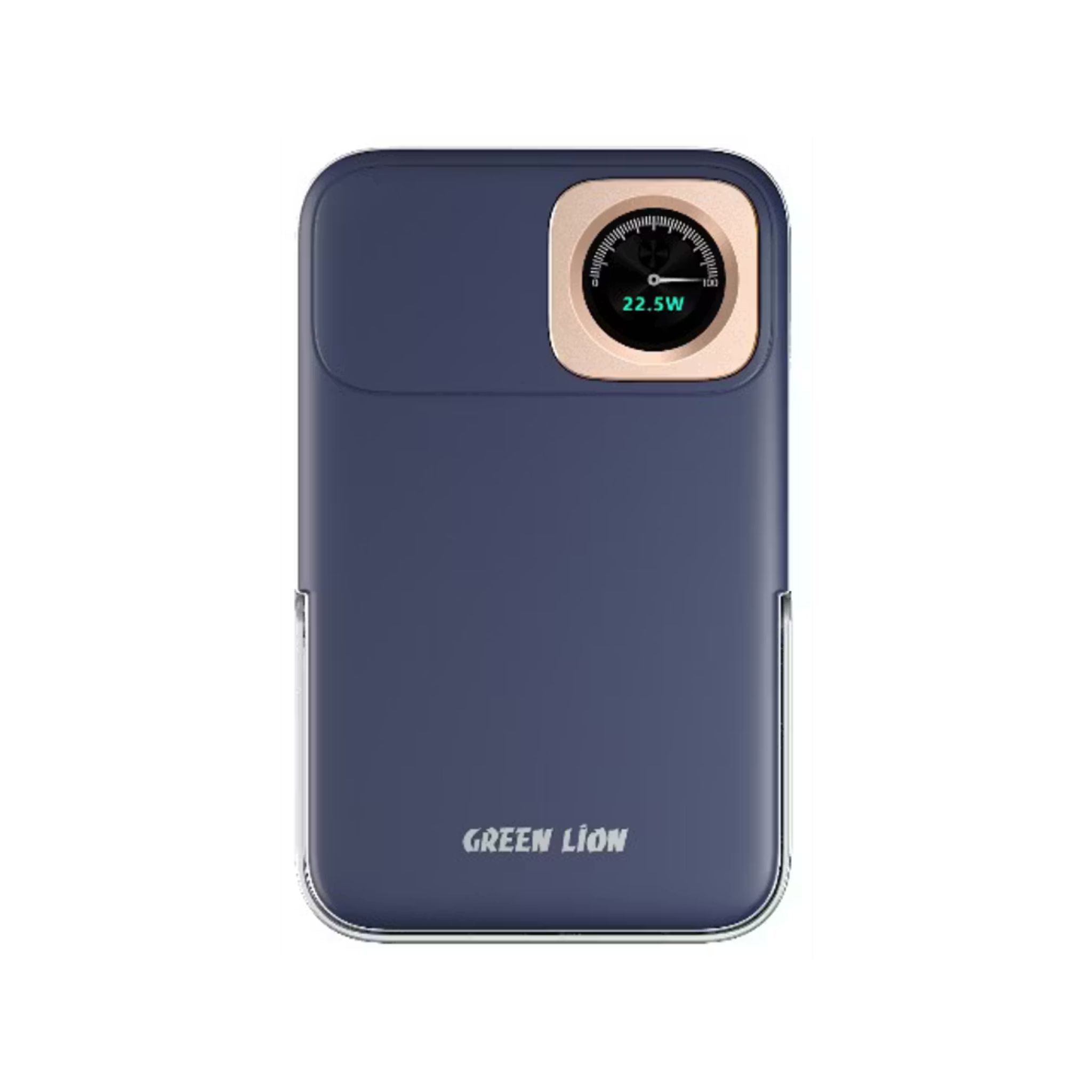 Green Lion Volt Gauge 10000mAh Power Bank with Dual USB-C Ports, ABS & PC Material, 15W Wireless Output, 22.5W Power Delivery, Flight Approved, Built-in Kickstand, Fast Charge Support - Blue