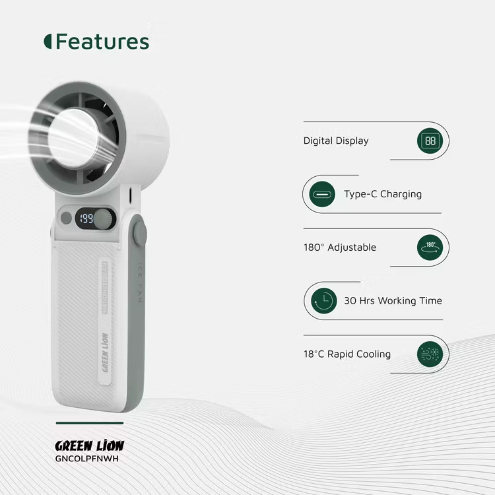 Green Lion Coolio Portable Fan with 1-199 Speed Levels, 6000mAh Battery Capacity, 5 Hours Charging Time, Type-C Charging Time, ABS + PC & Aluminum Alloy Material, 30 Hours Working Time, Silent Operation - White
