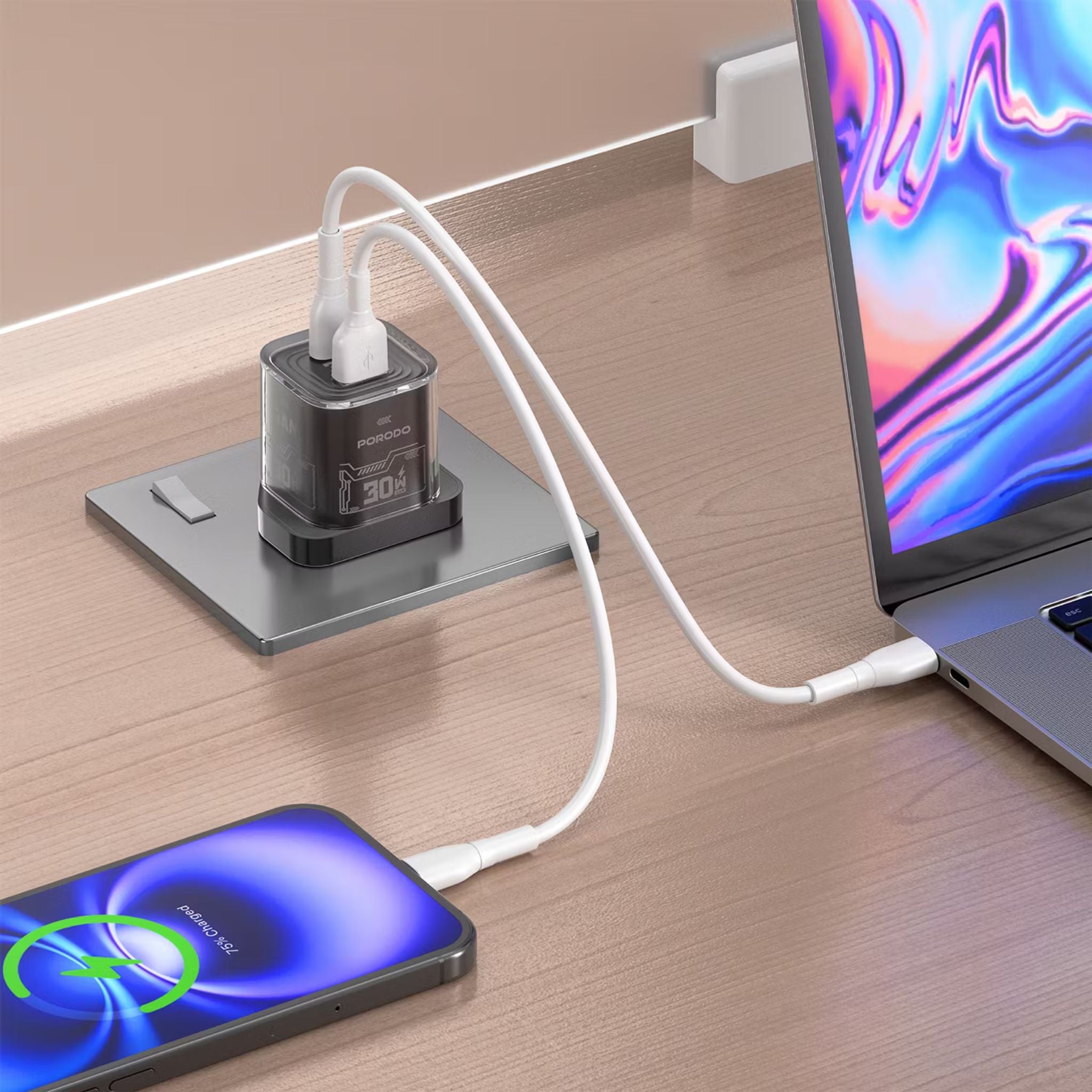 Porodo TEZCLARTÉ Quick Wall Charger with Dual Port Fast Charging, Flame Retardant Housing, Transparent Design, PD 30W USB-C Output, QC 20W USB-A Output - Black