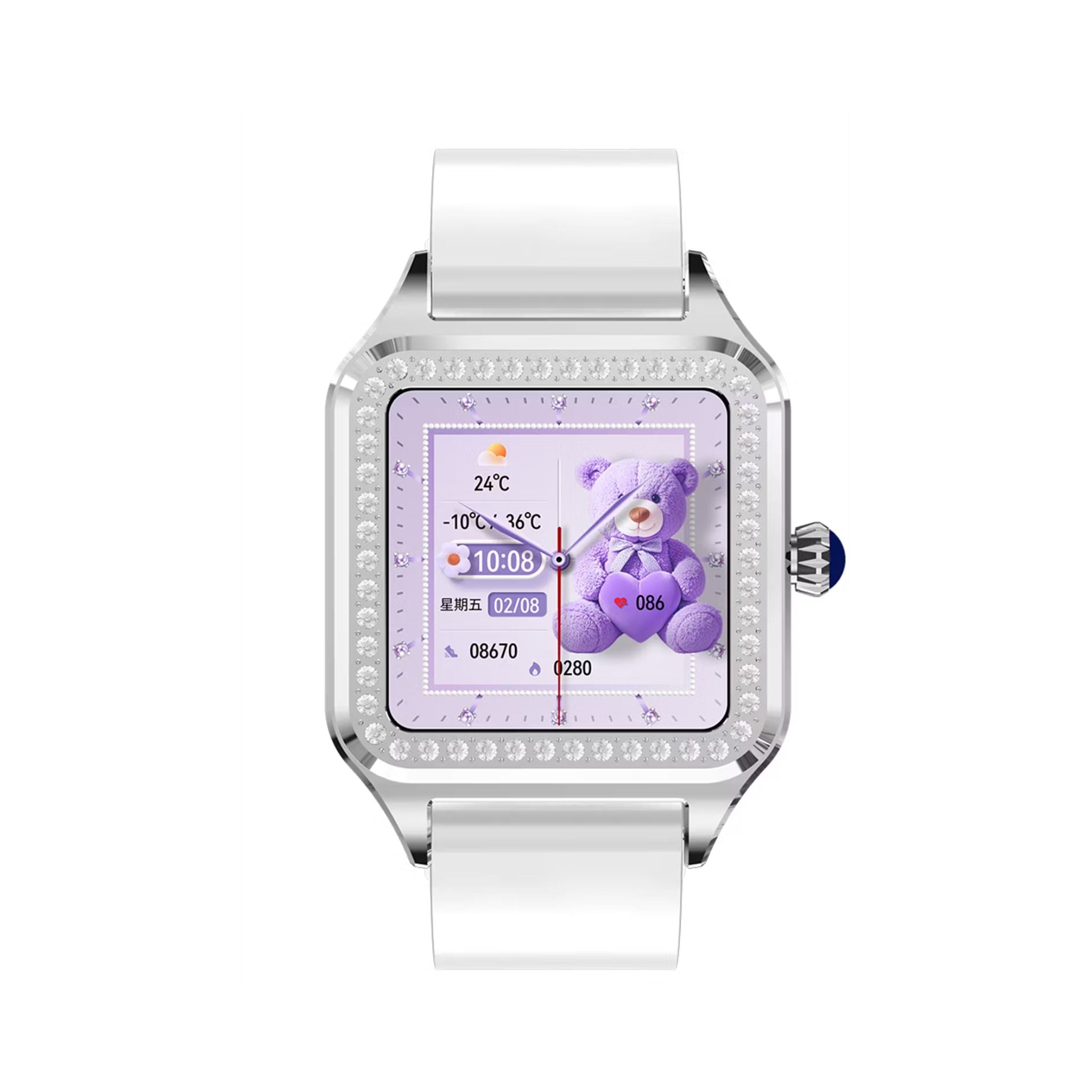 Smartwatch with a purple screen displaying a teddy bear graphic on a white background