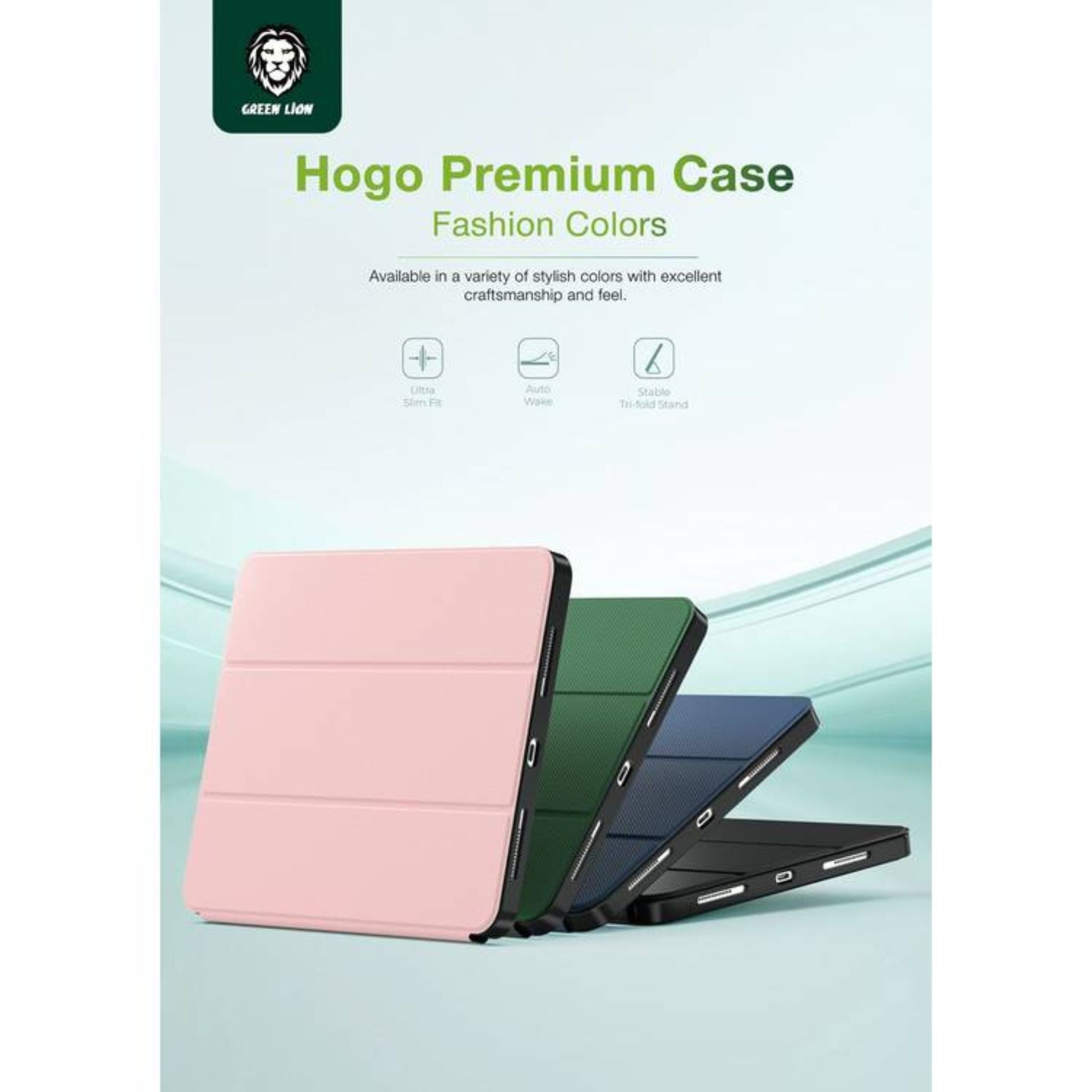 Green Lion Hogo Premium Case with Pencil Holder for iPad Pro 13", Auto Wake, Ultra Slim Fit, Stable Tri-Fold Stand, Built-in Pencil Holder, Magnetic Smart Cover, Auto Sleep/Wake - Green
