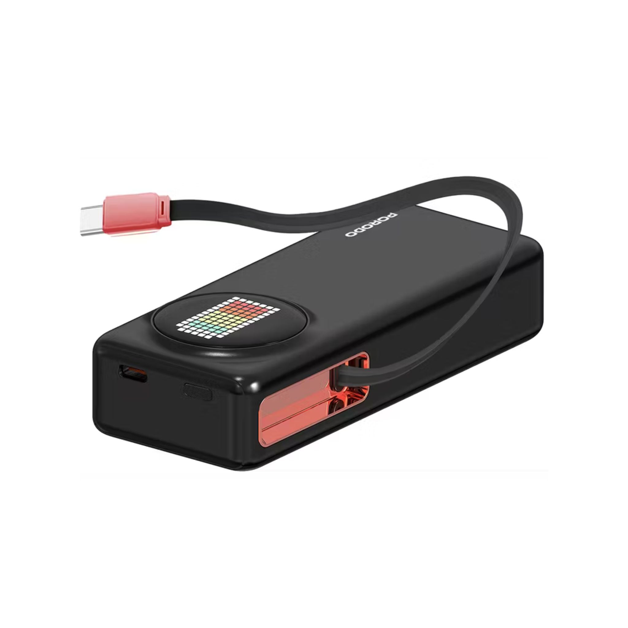Porodo 10000mAh Animated Display Power Bank with 68cm Retractable Type-C Cable, Over 300 Charge Cycles, 45W Power Delivery, Simultaneous Charging - Black