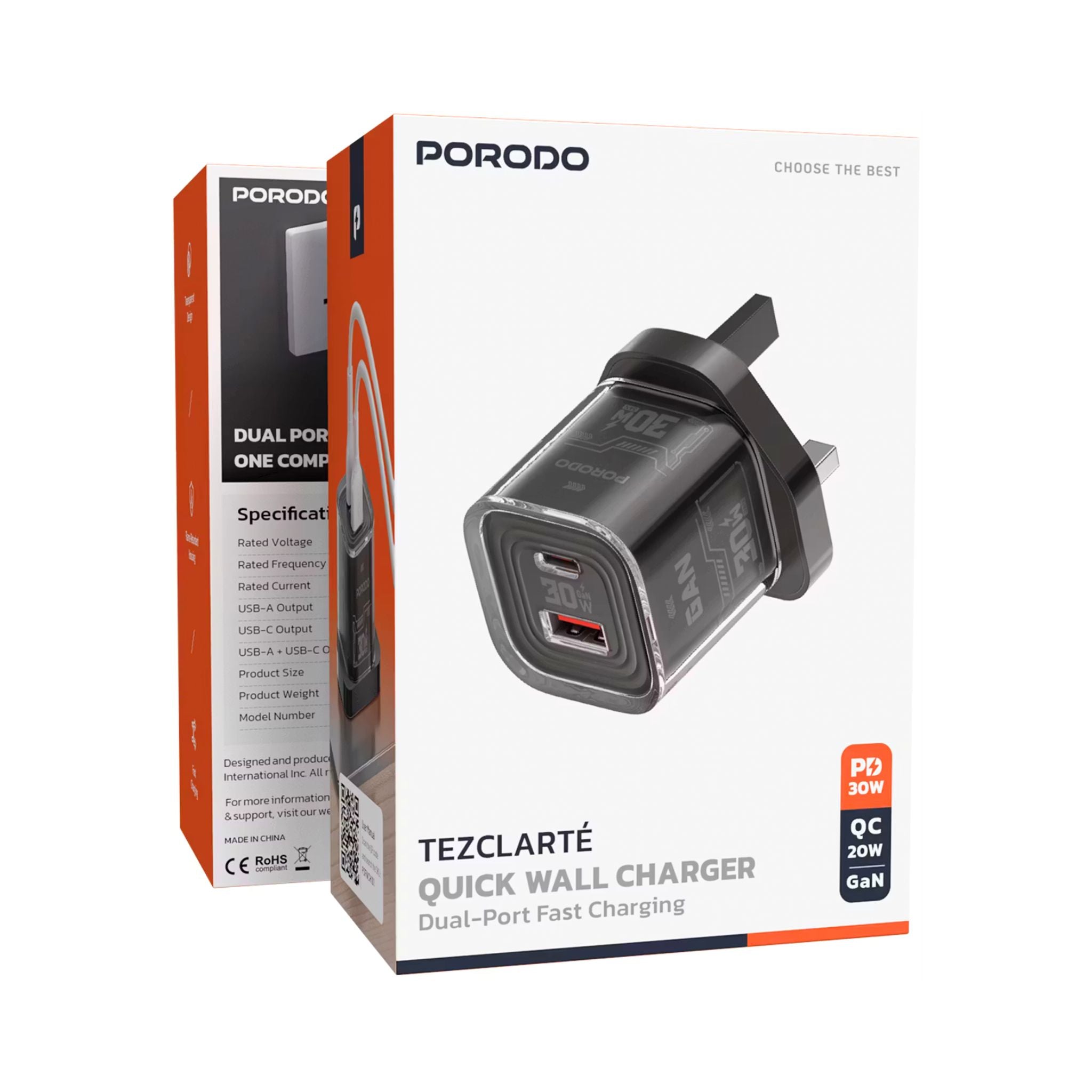 Porodo TEZCLARTÉ Quick Wall Charger with Dual Port Fast Charging, Flame Retardant Housing, Transparent Design, PD 30W USB-C Output, QC 20W USB-A Output - Black