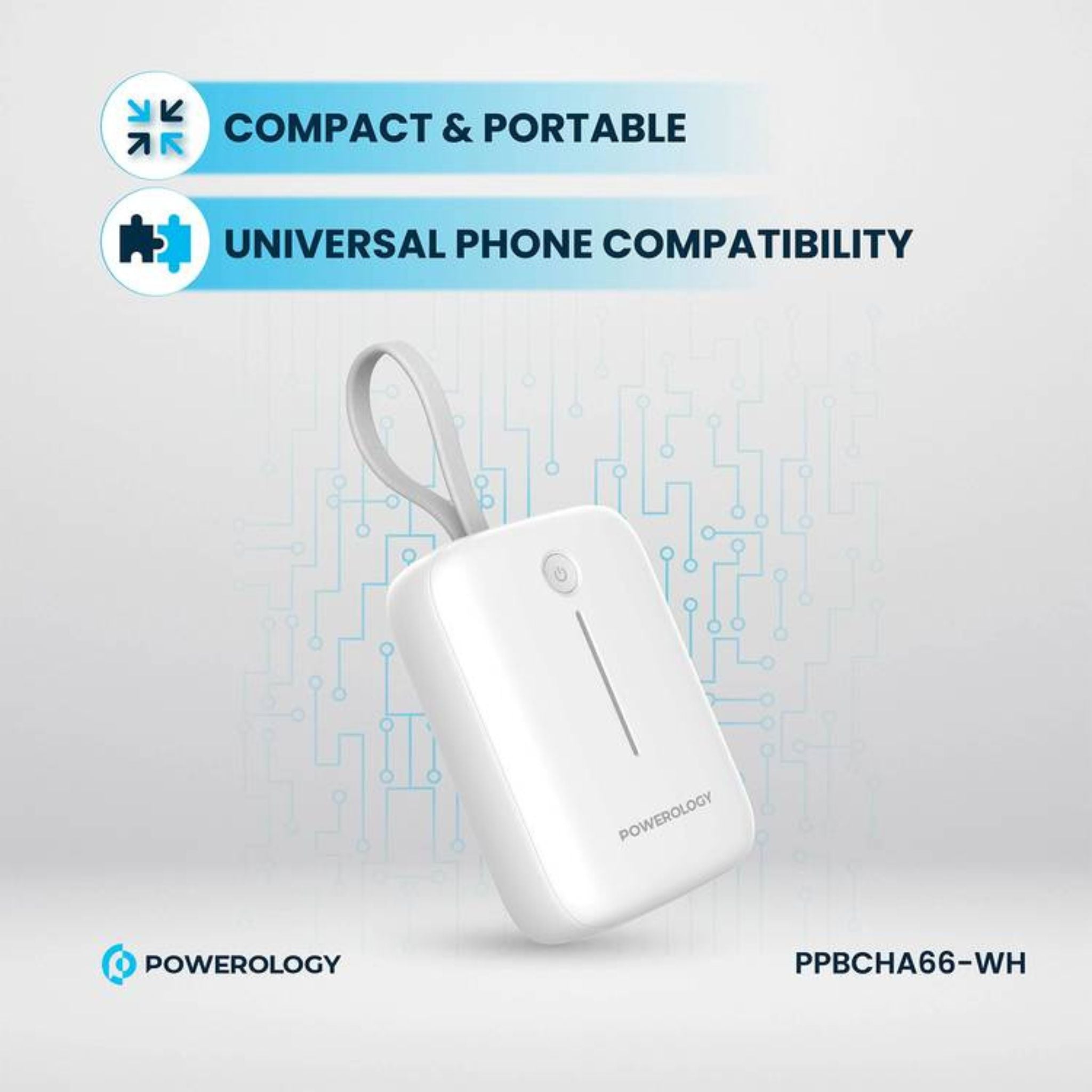 Powerology 10000mAh Power Bank with Detachable USB-C Wire, 20W Power Delivery, 3-Device Charging, Long Time Standby, Universal Phone Compatibility, Built-in Safeguards - White