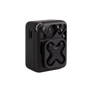 Black portable speaker with mesh design on a white background