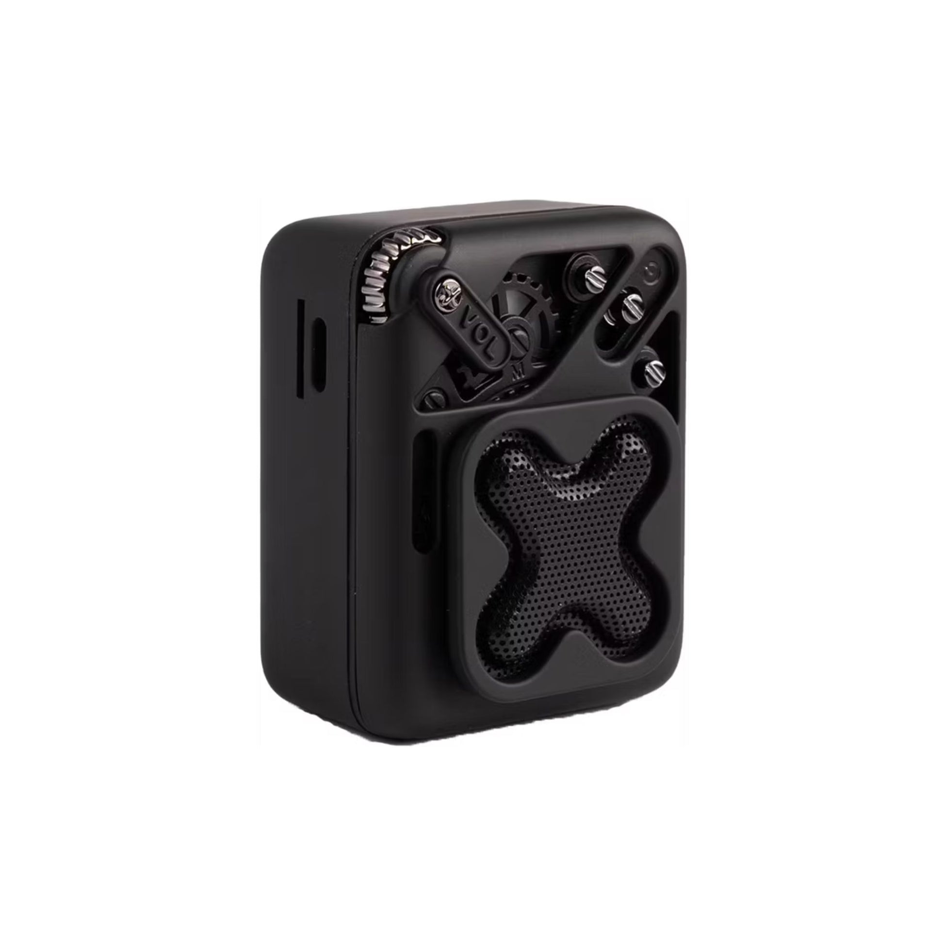 Black portable speaker with mesh design on a white background