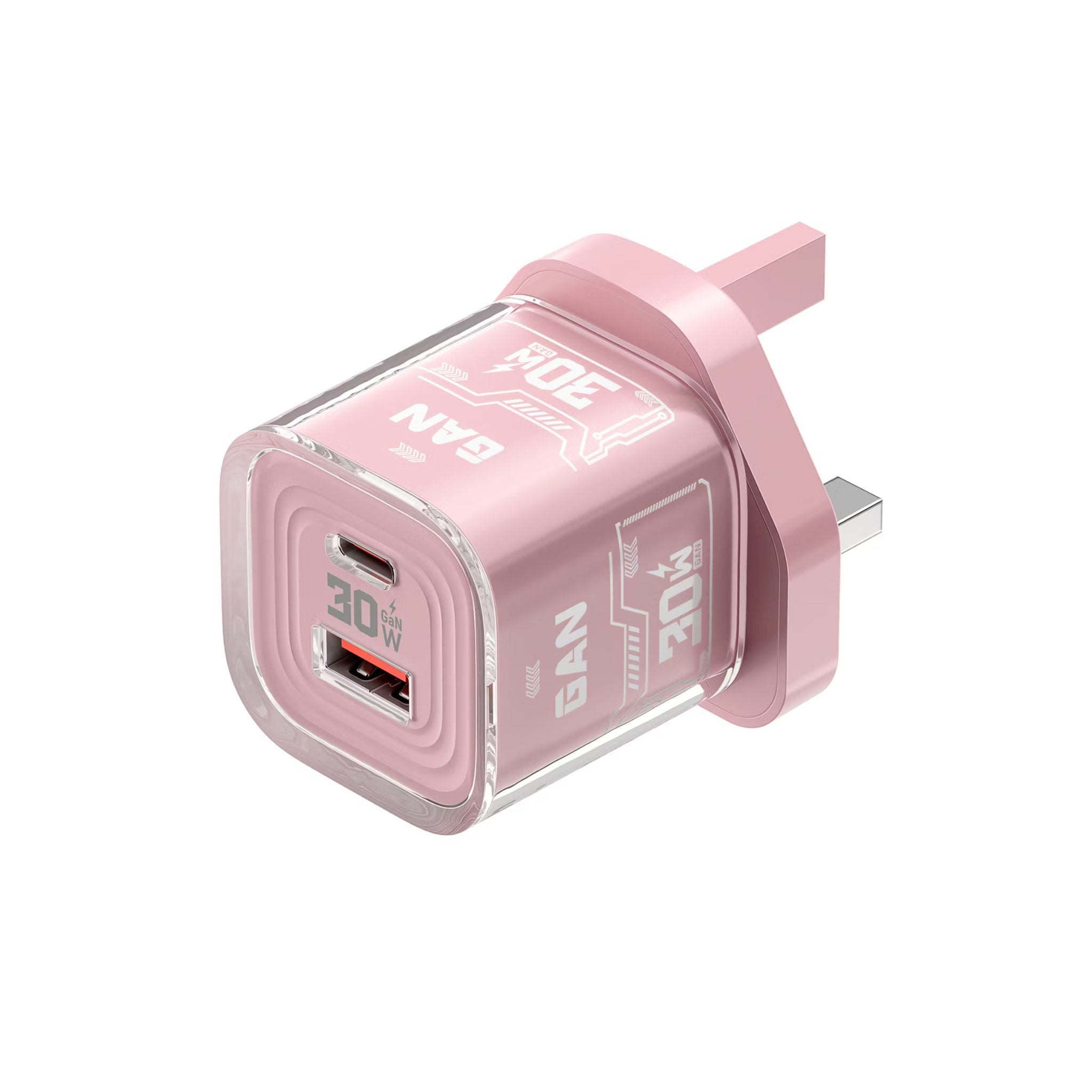 Porodo TEZCLARTÉ Quick Wall Charger with Dual Port Fast Charging, Flame Retardant Housing, Transparent Design, PD 30W USB-C Output, QC 20W USB-A Output - Pink