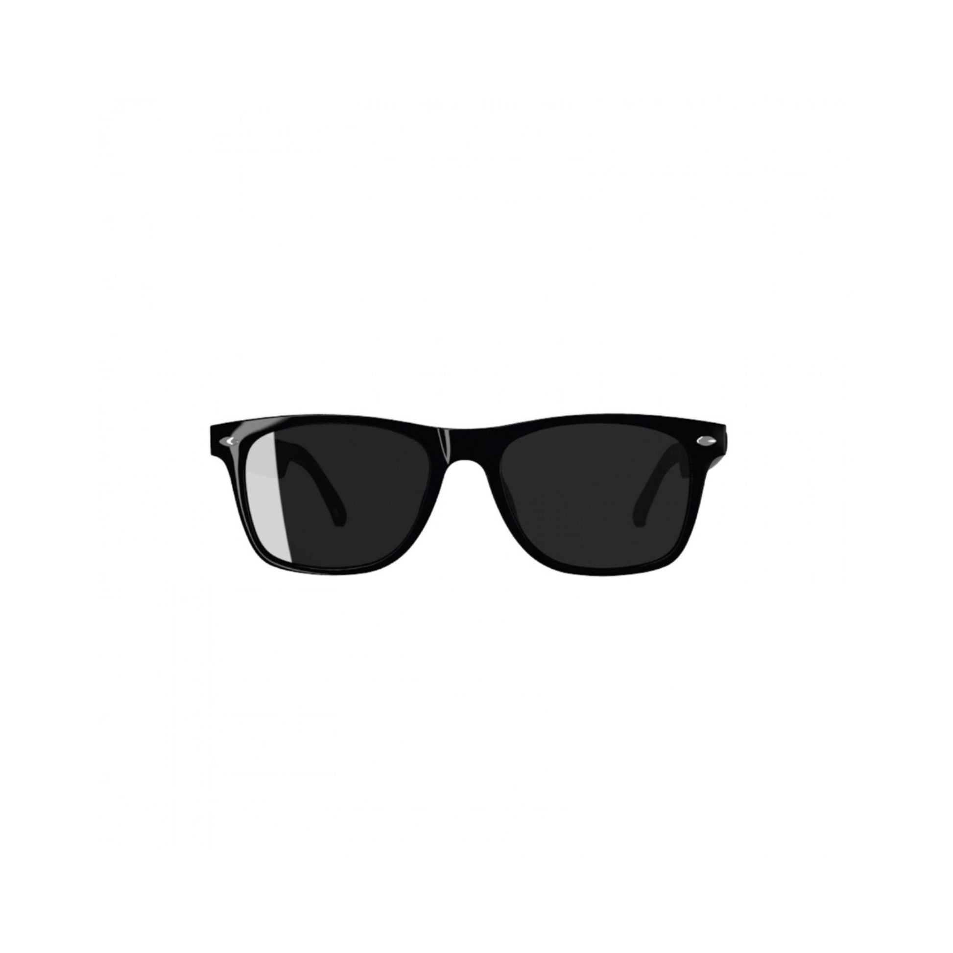A pair of black smart glasses with a magnetic charger.