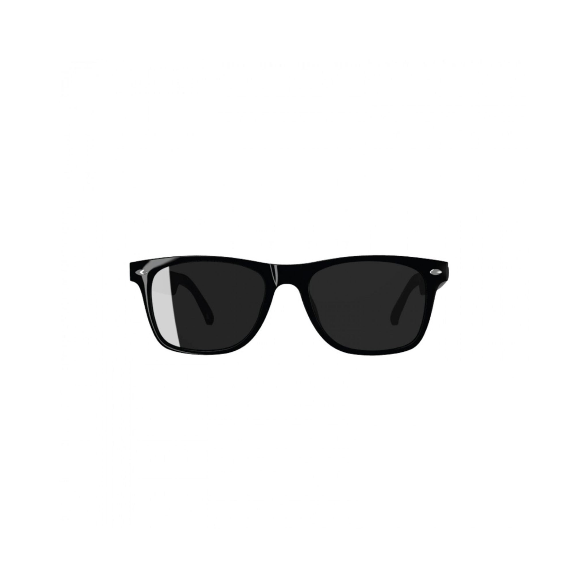 A pair of black smart glasses with a magnetic charger.