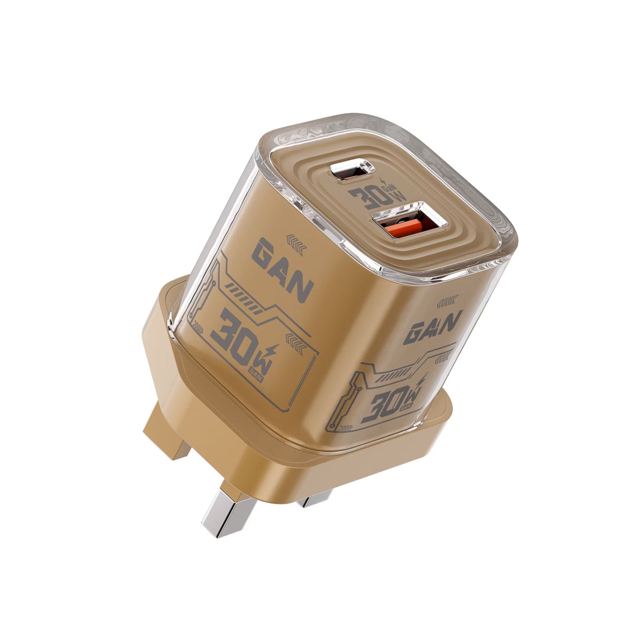 Porodo TEZCLARTÉ Quick Wall Charger with Dual Port Fast Charging, Flame Retardant Housing, Transparent Design, PD 30W USB-C Output, QC 20W USB-A Output - Khaki