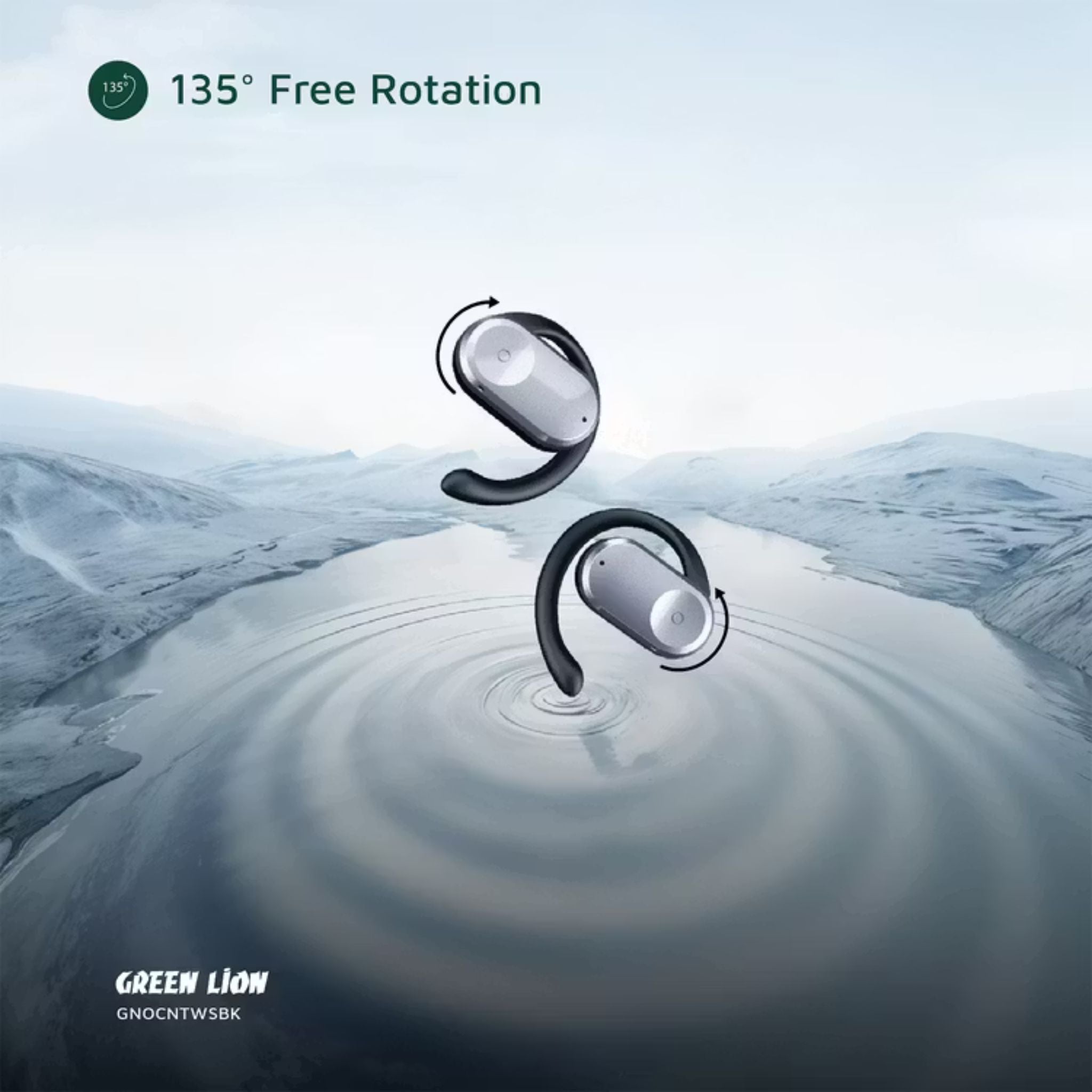 Green Lion Ocean Open-Ear Earbuds with Open-Ear Design, Up to 6 Hours Playtime, 135° Free Rotation, Game Mode, Low Latency, 180 Hours Standby Time, IPX4 Waterproof - Black