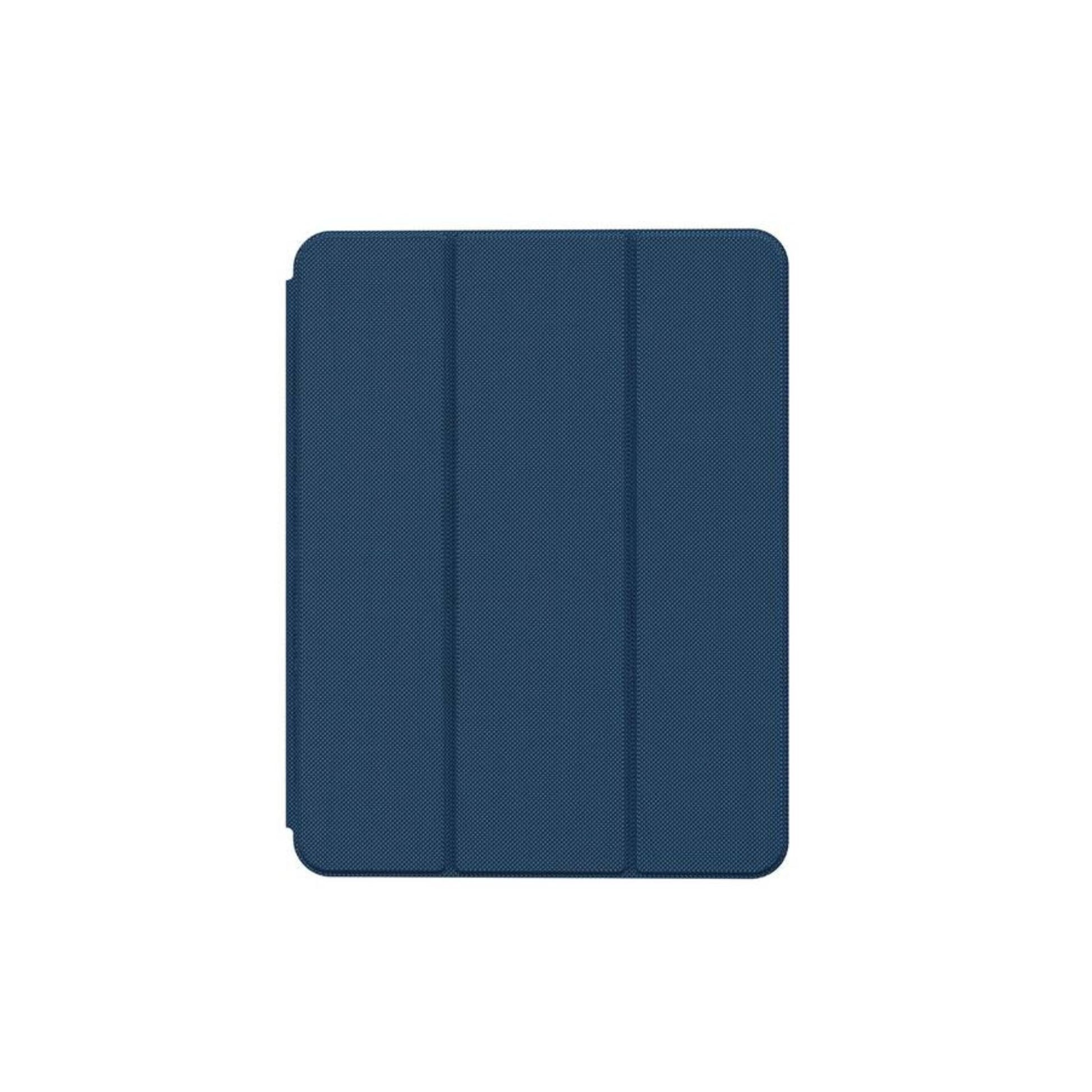 A blue-colored folio case for the 11-inch iPad Air with a built-in pencil holder and a tri-fold stand.