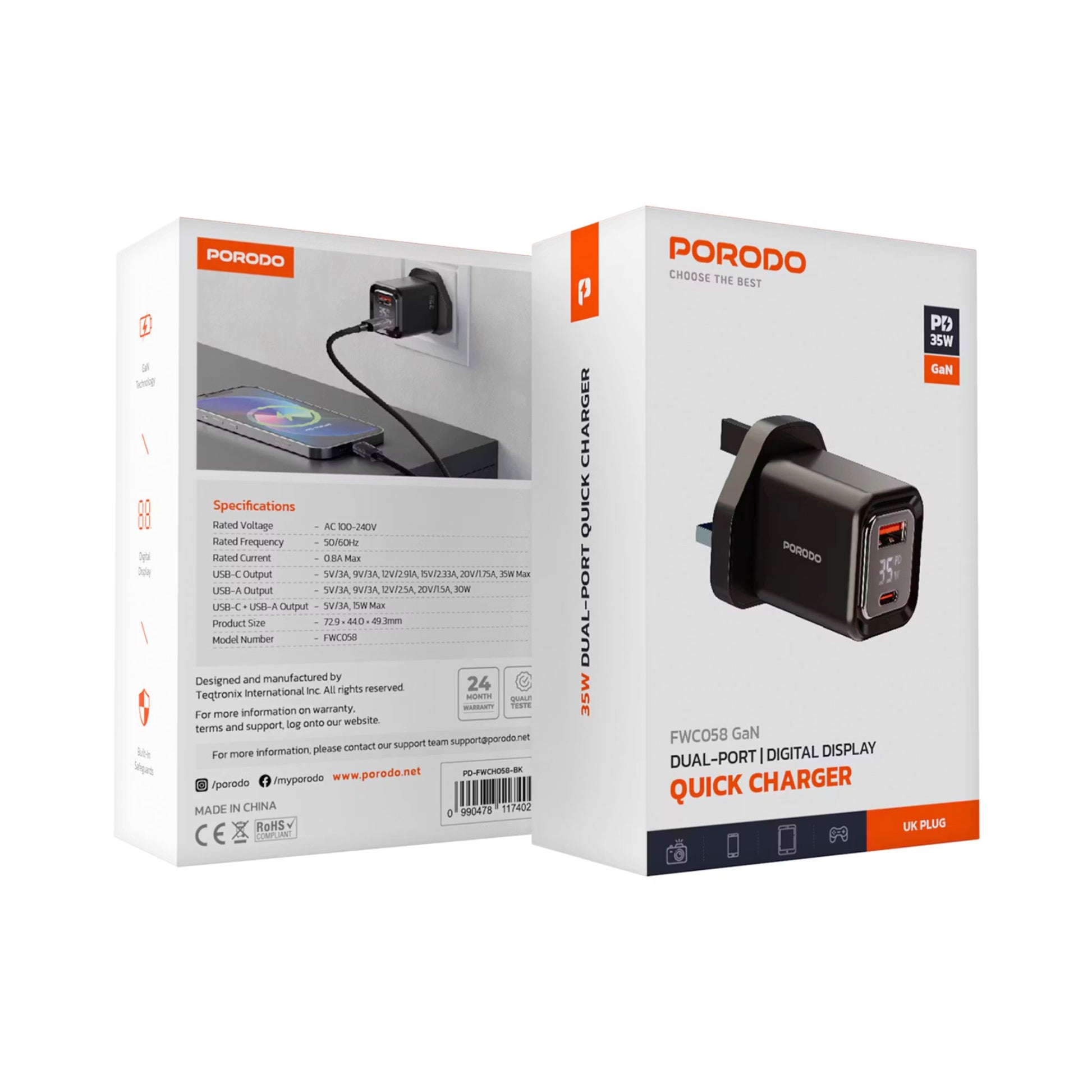 Porodo quick charger packaging with front and back views on a white background