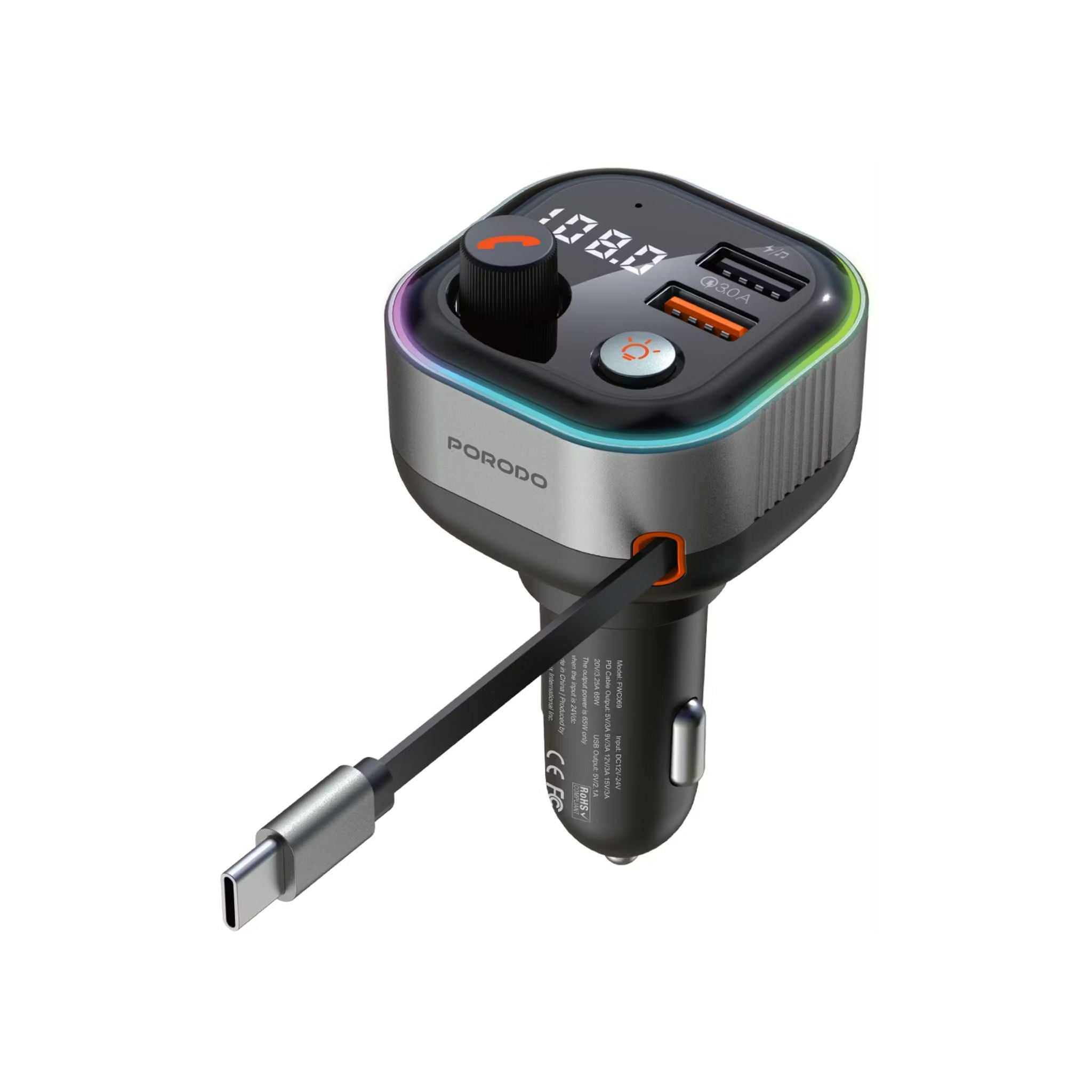 Porodo Audio Boost Bluetooth FM Transmitter Quick-Charge Car Charger with 65W PD, USB-A & USB-C Outputs, USB Flash, 80cm Retractable Type-C Cable, 87.5-107.8 FM Frequency, LED Ambient Lighting, Universal Compatibility - Dark Gray
