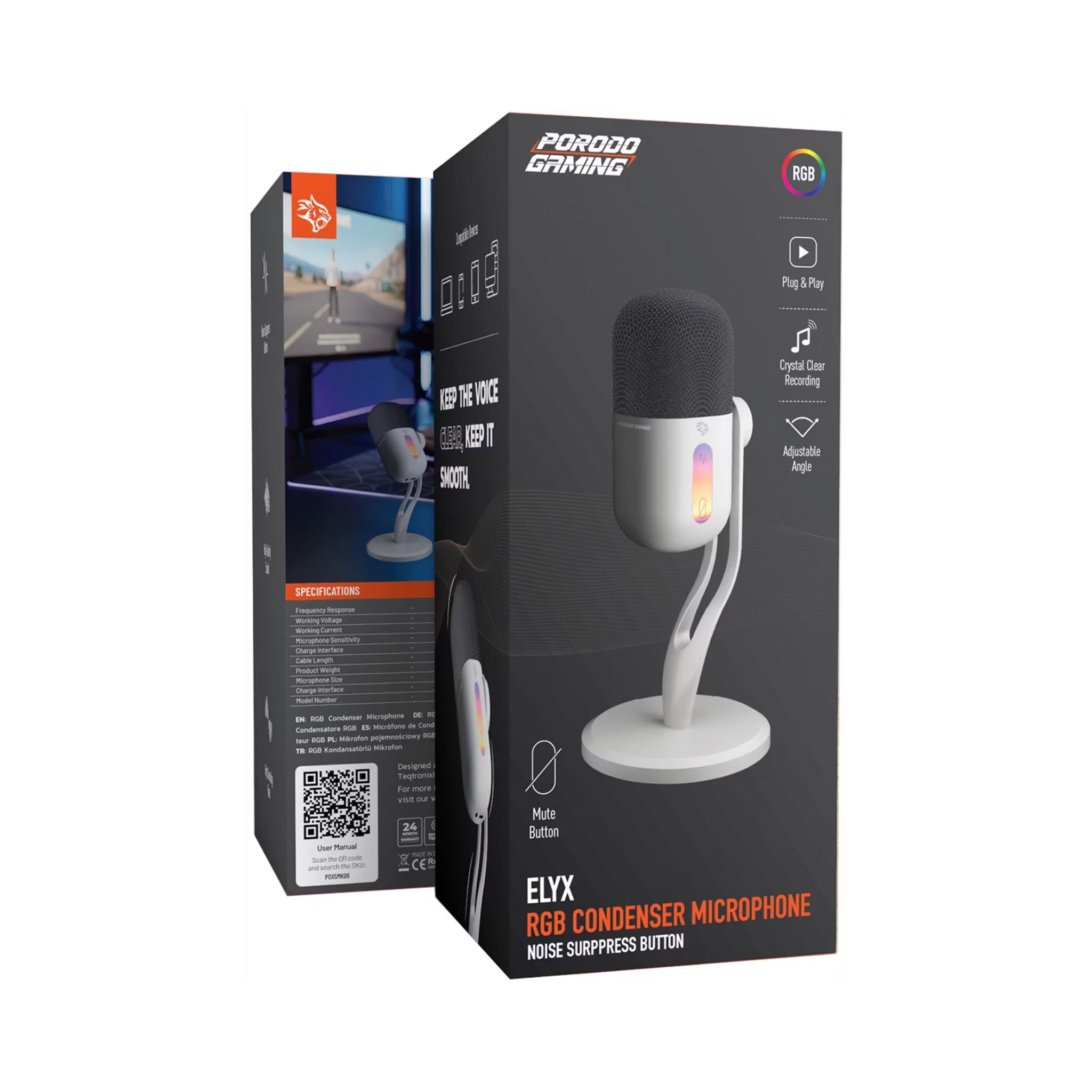 Porodo Gaming Elyx RGB Condenser Microphone with Noise Suppress Button, Adjustable Angle, Crystal Clear Recording, Mute Button, High Sampling Rate, High-Quality Sound, Plug & Play - White