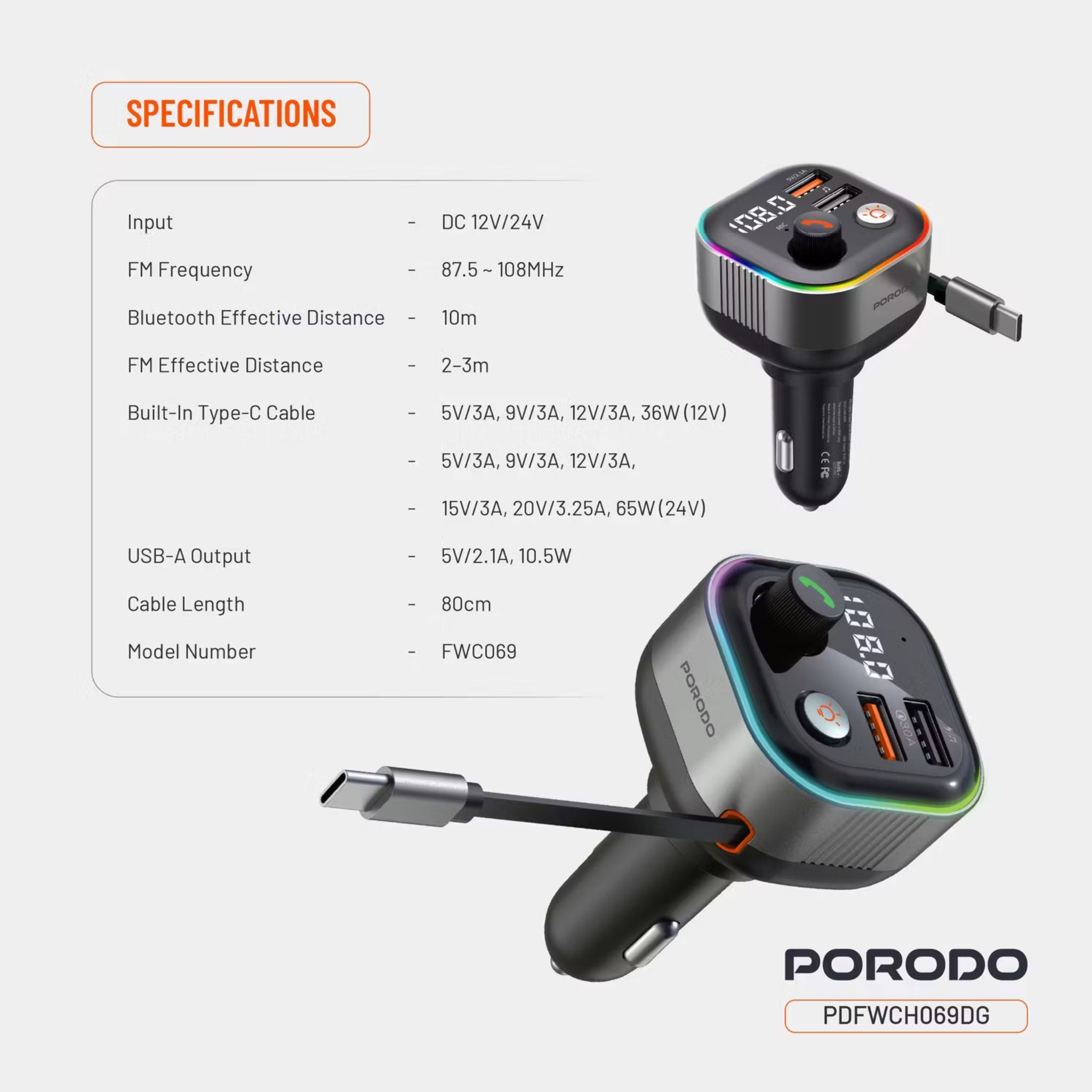 Porodo Audio Boost Bluetooth FM Transmitter Quick-Charge Car Charger with 65W PD, USB-A & USB-C Outputs, USB Flash, 80cm Retractable Type-C Cable, 87.5-107.8 FM Frequency, LED Ambient Lighting, Universal Compatibility - Dark Gray