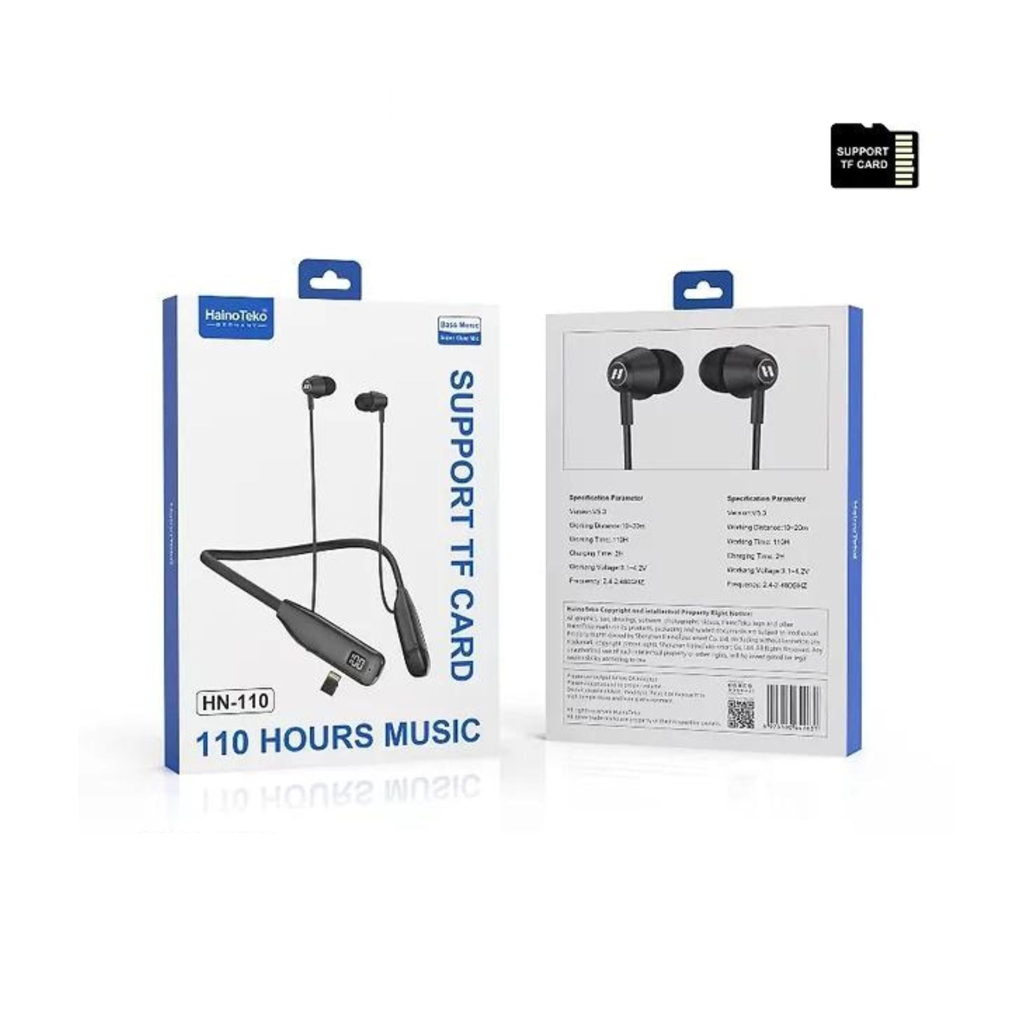 Haino Teko Germany HN110 Bluetooth Neck Band Earphone 110 Hours Music With High Bass Sound Quality Super Clear Mic and Support TF Card_Black