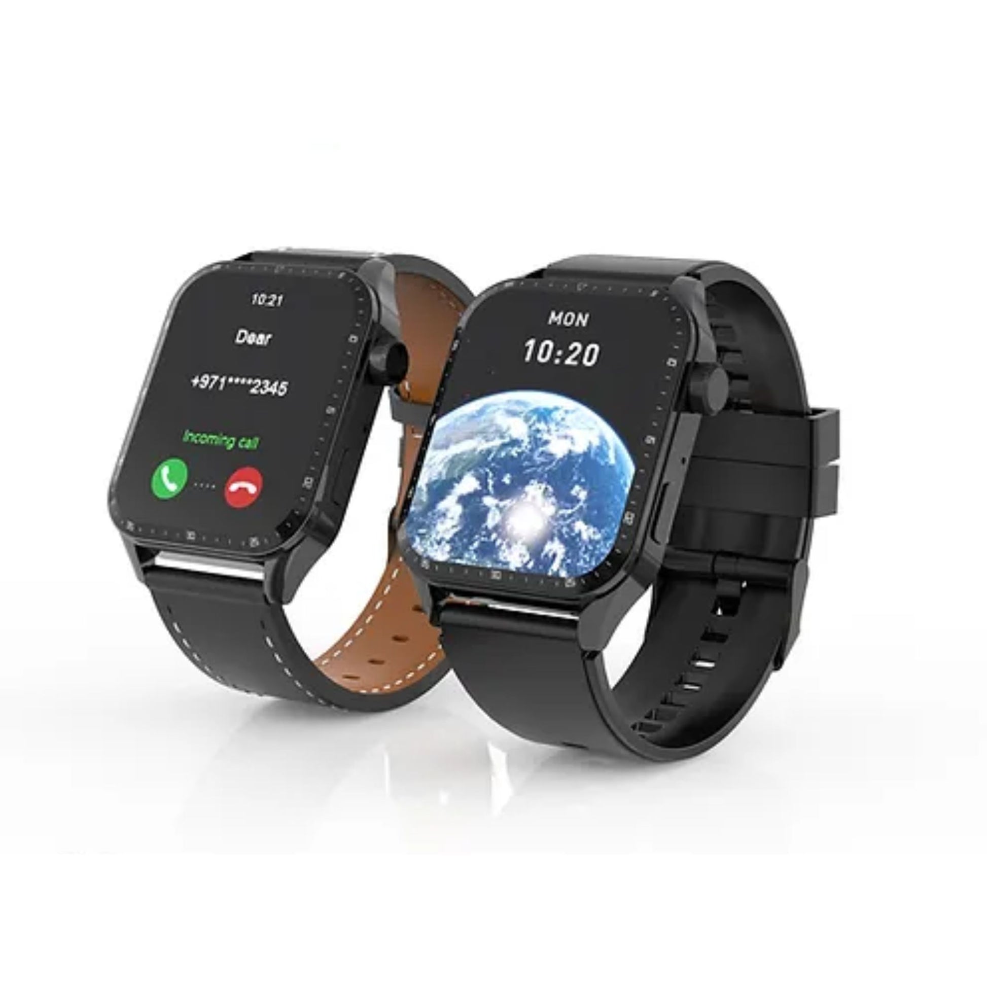 Two Haino Teko Germany S1 smartwatches in black color, one with a call interface on the display and one showing the time. Both have black bands and are displayed against a white background.