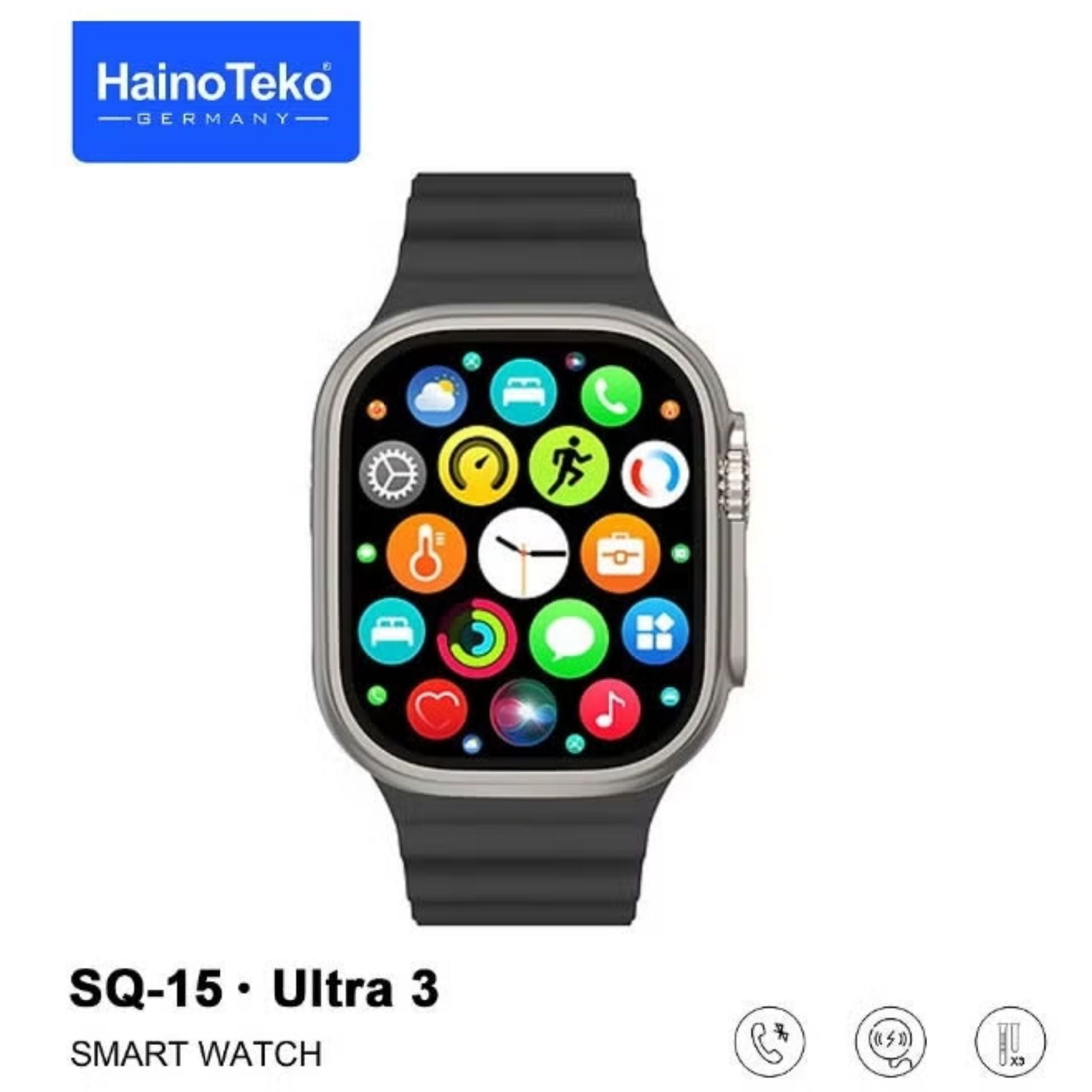 SQ-15 Ultra 3 Smart Watch, AMOLED Display, Bluetooth Calling, 3 Interchangeable Straps, Fitness & Activity Tracker, Heart Rate & Sleep Monitoring, Notifications, Stylish Design, Charging Cable Included, Unisex - Black