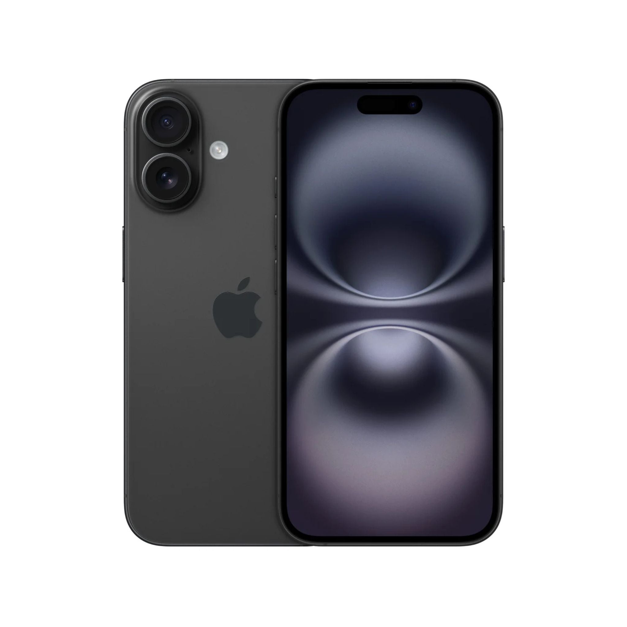 Black smartphone showing back and front views on a white background