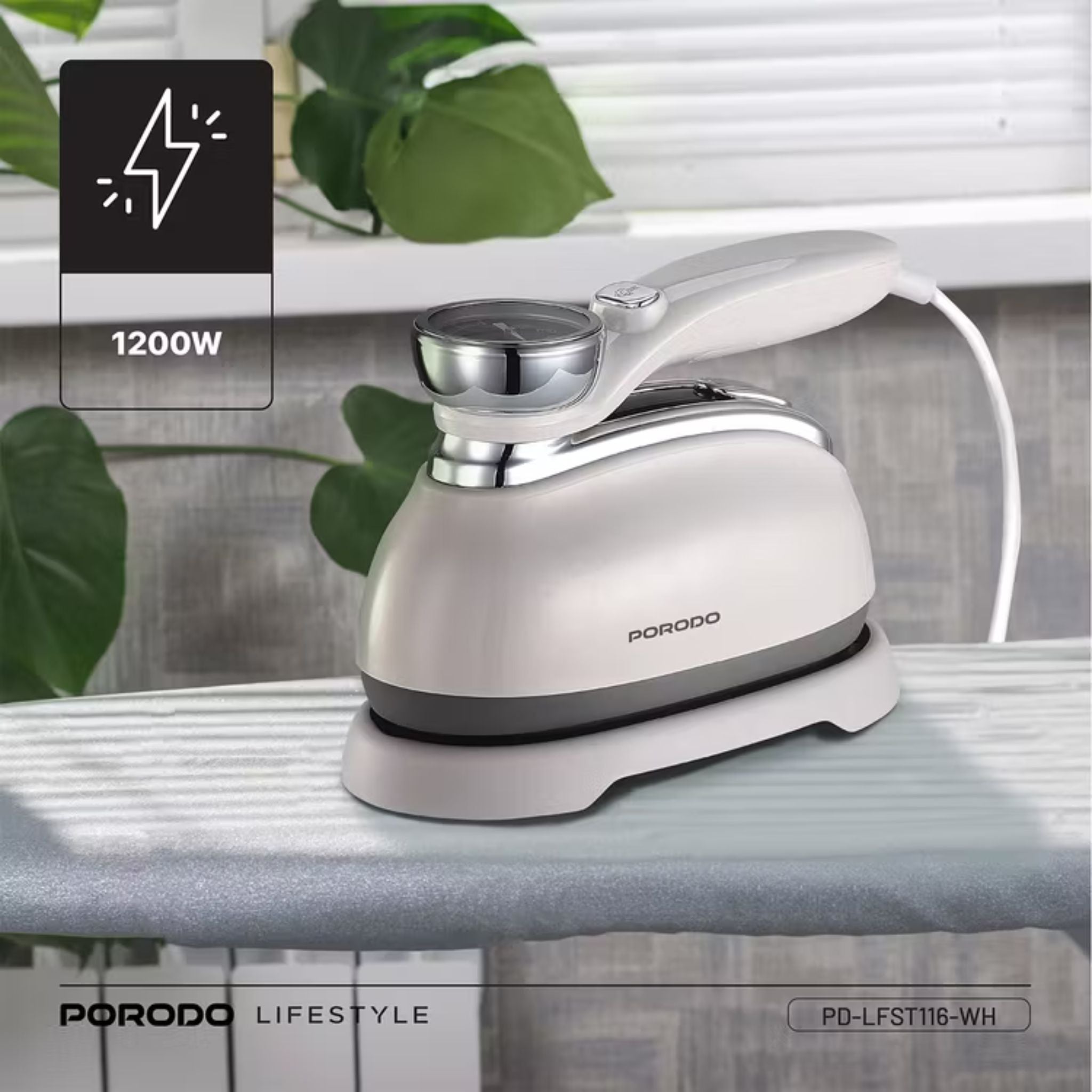 Porodo Lifestyle Retro Thermometer Steam & Heat Iron with Rotating Handle Design, 1.7m Power Cable, 30-Second Quick Heating, 1200W Rated Power - White