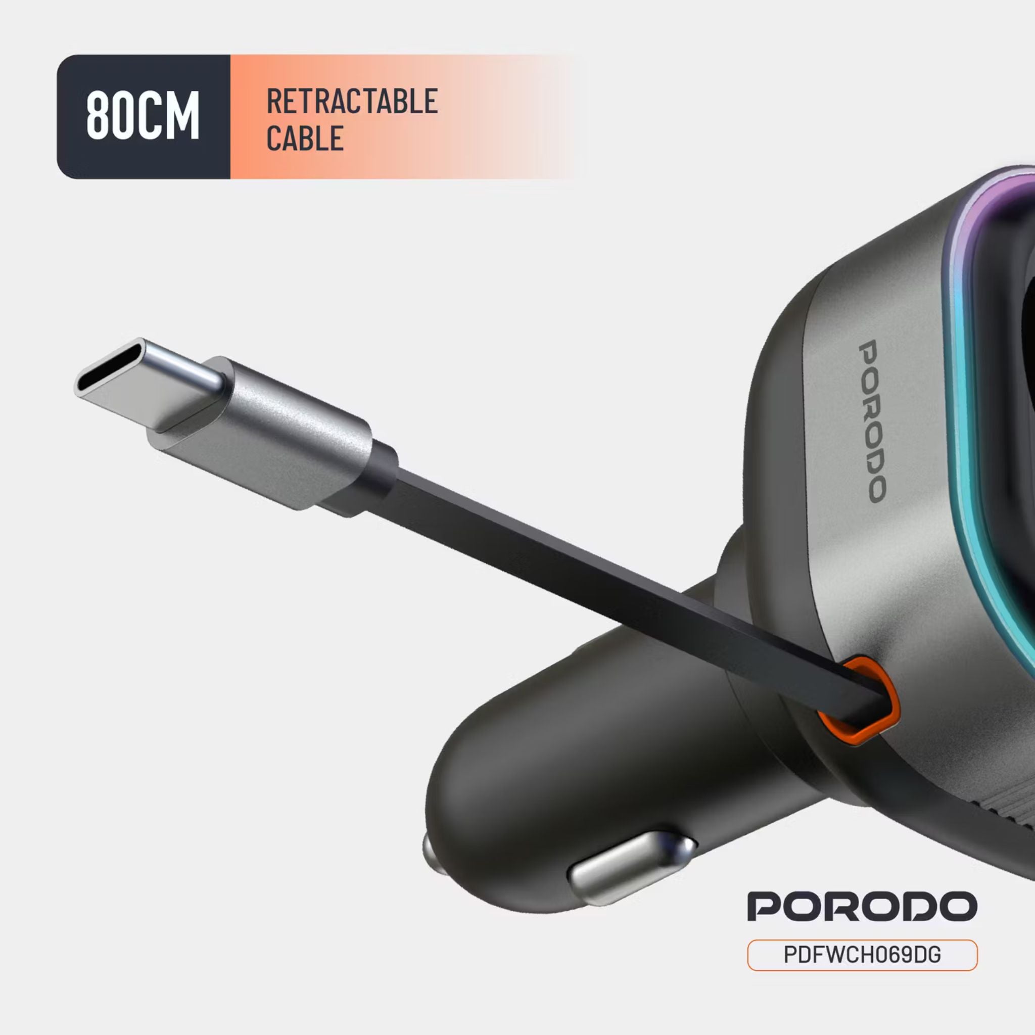 Porodo Audio Boost Bluetooth FM Transmitter Quick-Charge Car Charger with 65W PD, USB-A & USB-C Outputs, USB Flash, 80cm Retractable Type-C Cable, 87.5-107.8 FM Frequency, LED Ambient Lighting, Universal Compatibility - Dark Gray