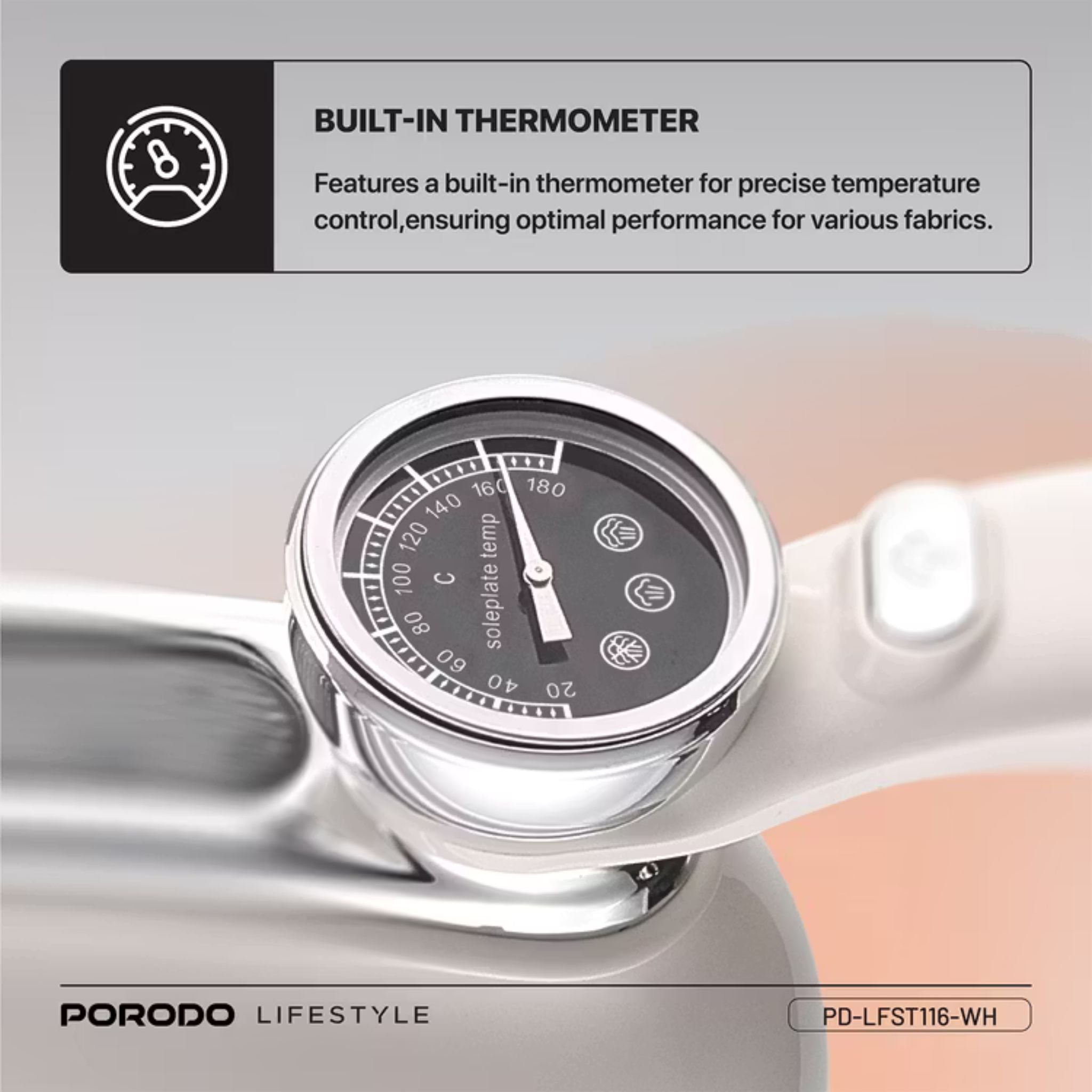 Porodo Lifestyle Retro Thermometer Steam & Heat Iron with Rotating Handle Design, 1.7m Power Cable, 30-Second Quick Heating, 1200W Rated Power - White