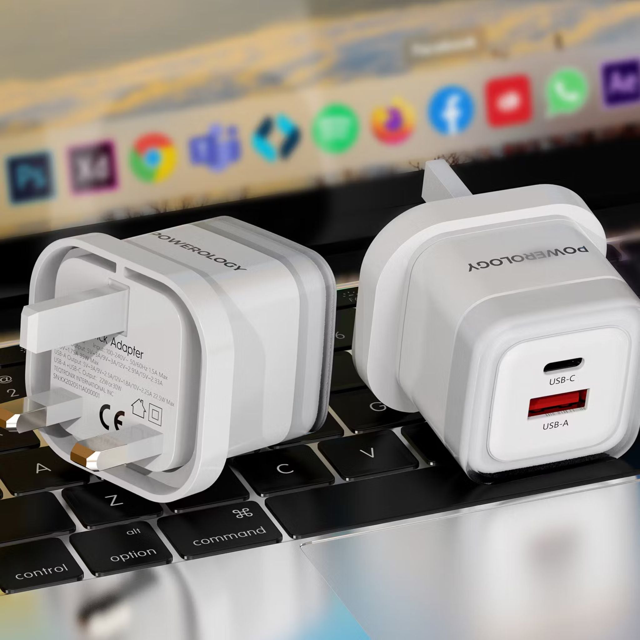 Powerology Lunex Dual-Port Fast Charging Adapter with USB-C & USB-A Ports, 35W Power Delivery, 22.5W USB-A Output, UK 3-Pin Plug, Universal Protocol Support, Multi-Device Charging - White