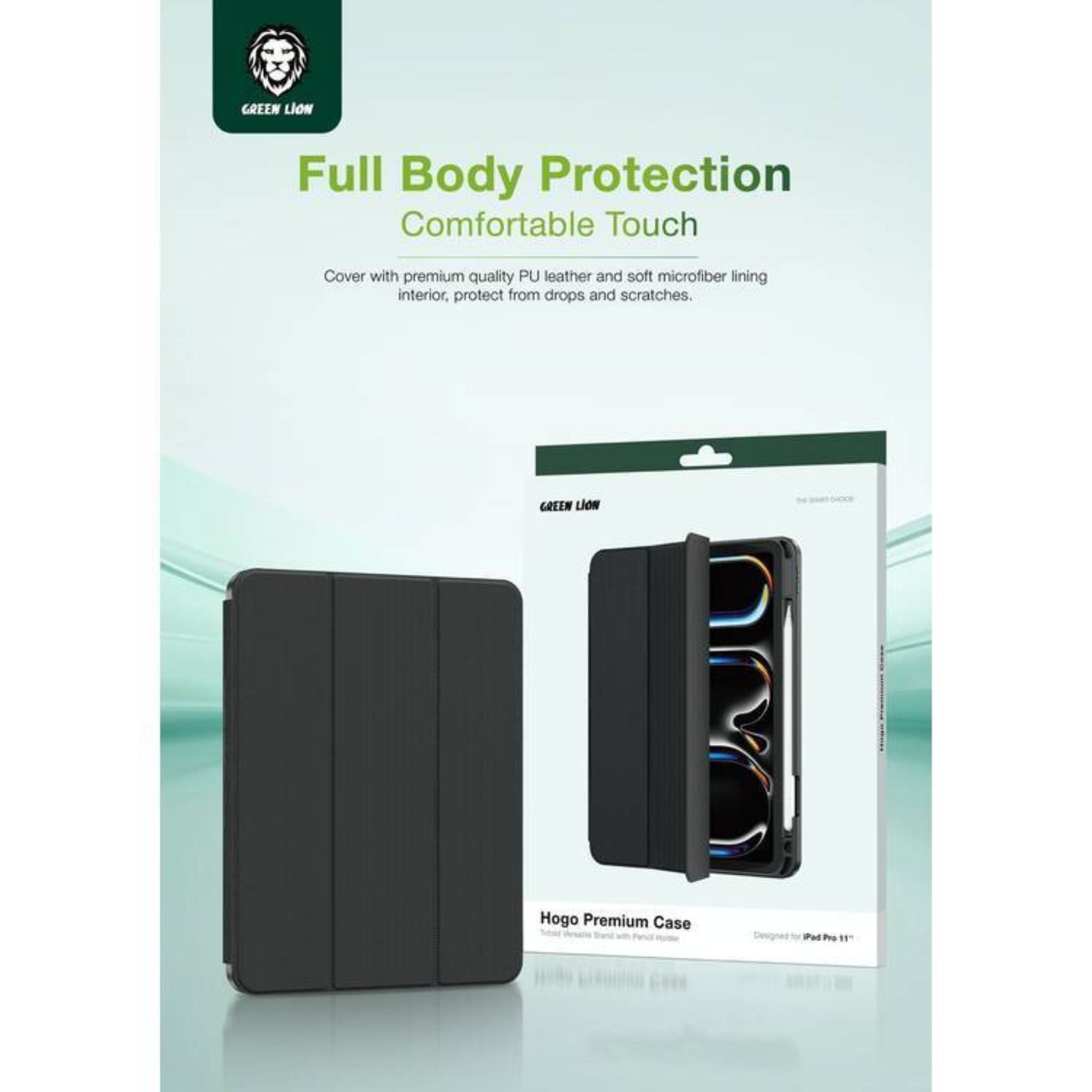 Green Lion Hogo Premium Case with Pencil Holder for iPad Pro 11", Ultra Slim Fit, Stable Tri-Fold Stand, Built-in Pencil Holder, Magnetic Smart Cover, Auto Sleep/Wake - Black