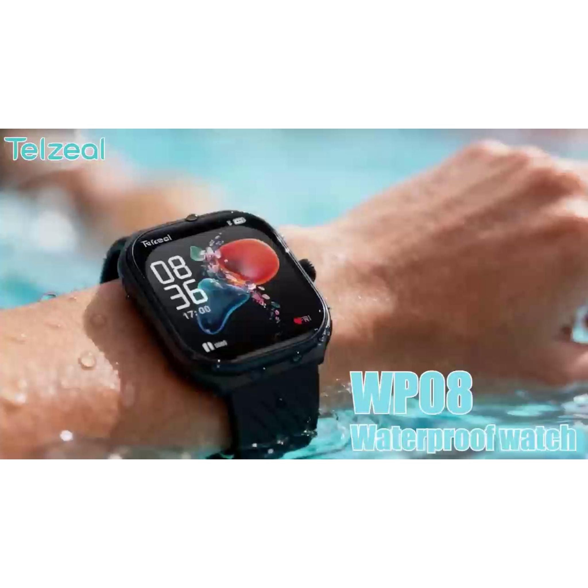 Telzeal WP08 Waterproof Smartwatch with Curved Full-Touch Display, Dual Strap Set (2 Pairs), Stylish & Comfortable Design – Black