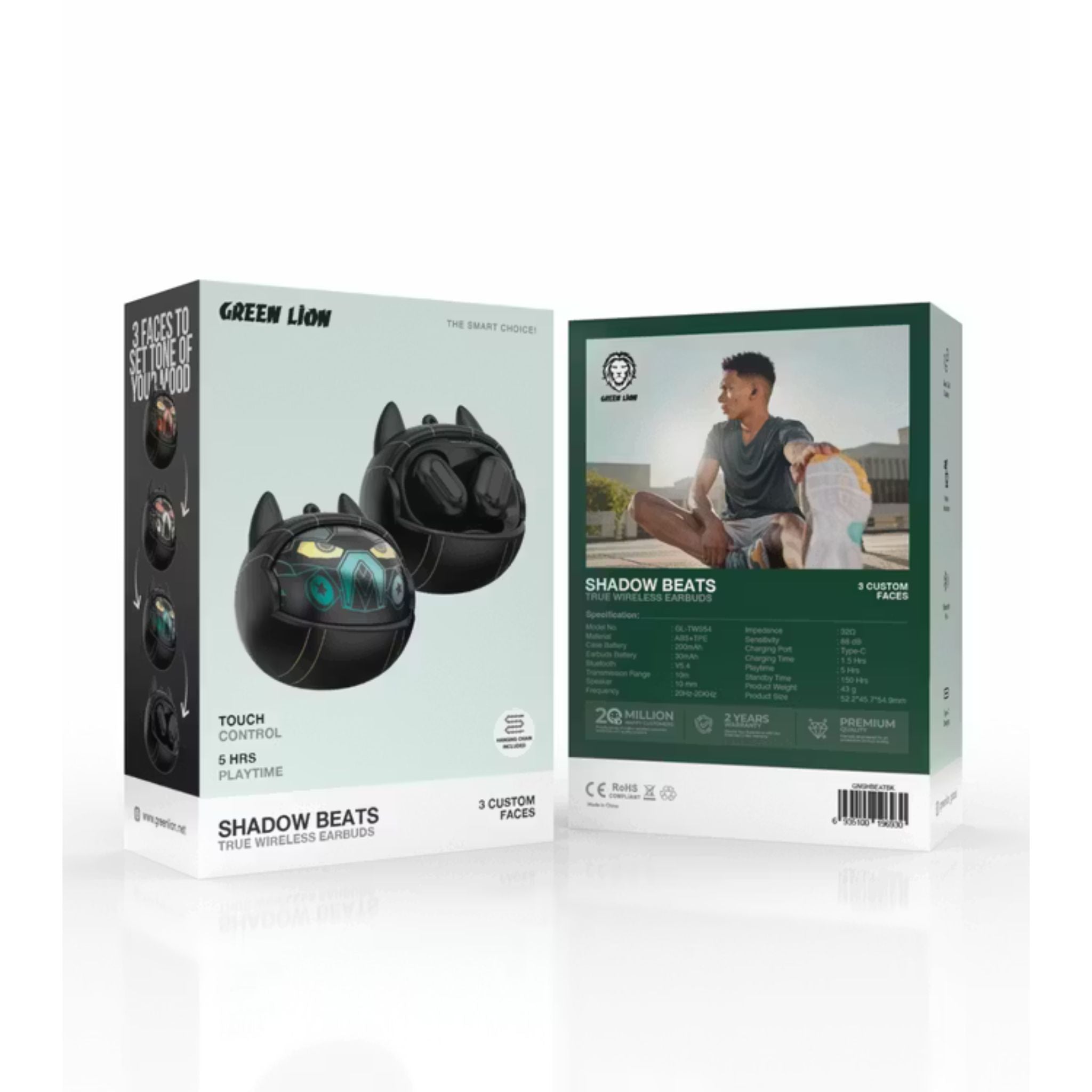 Green Lion Shadow Beats True Wireless Earbuds with 3 Custom Faces, Hanging Chain Included, Clear Call Quality, Voice Assistant, Touch Control - Black