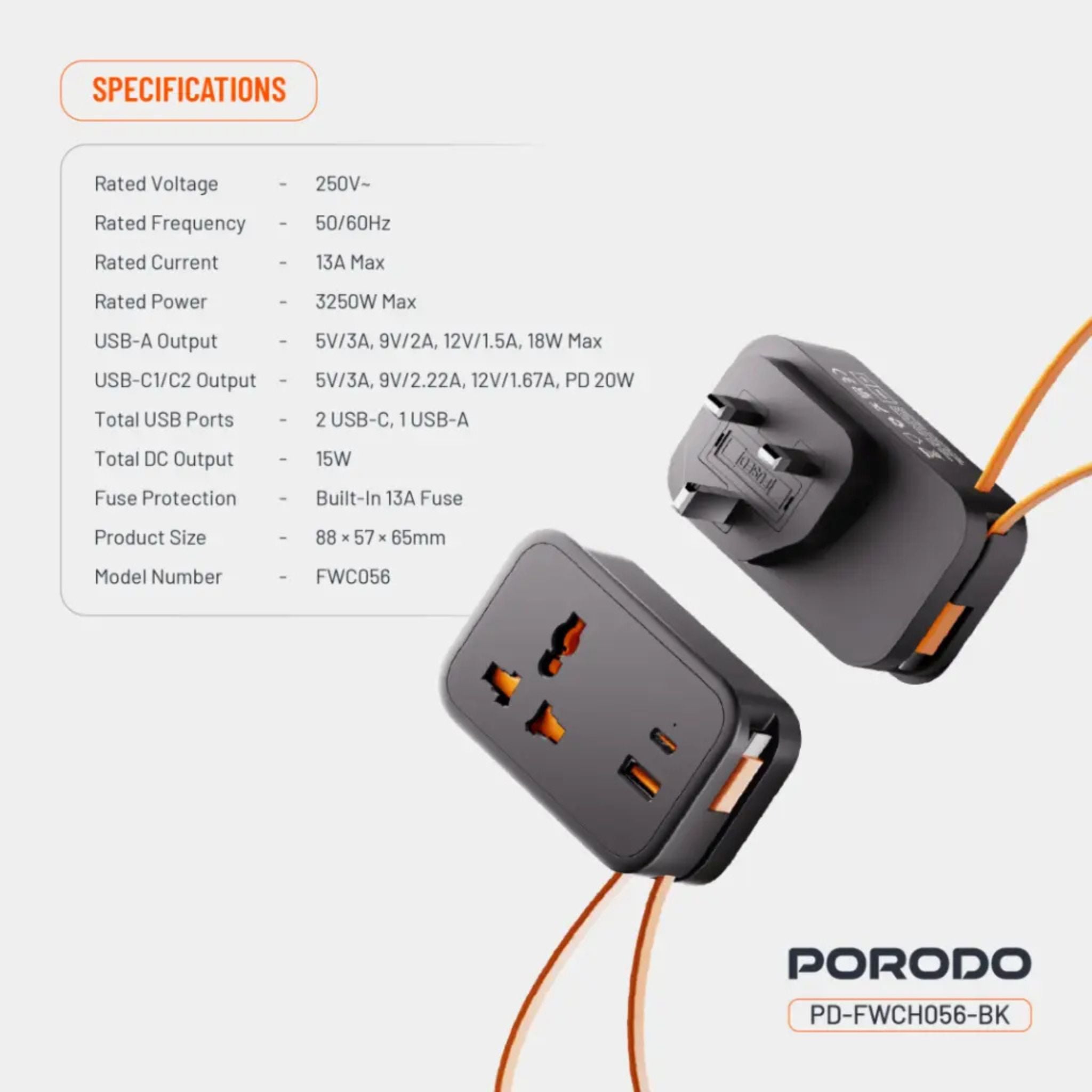 Porodo Universal Wall Socket with 30cm Built-in USB-C Cable, Simultaneous Charging, 20W PD, 18W QC, Fireproof Material, Fuse Protection, UK 3-Pin Plug - Black