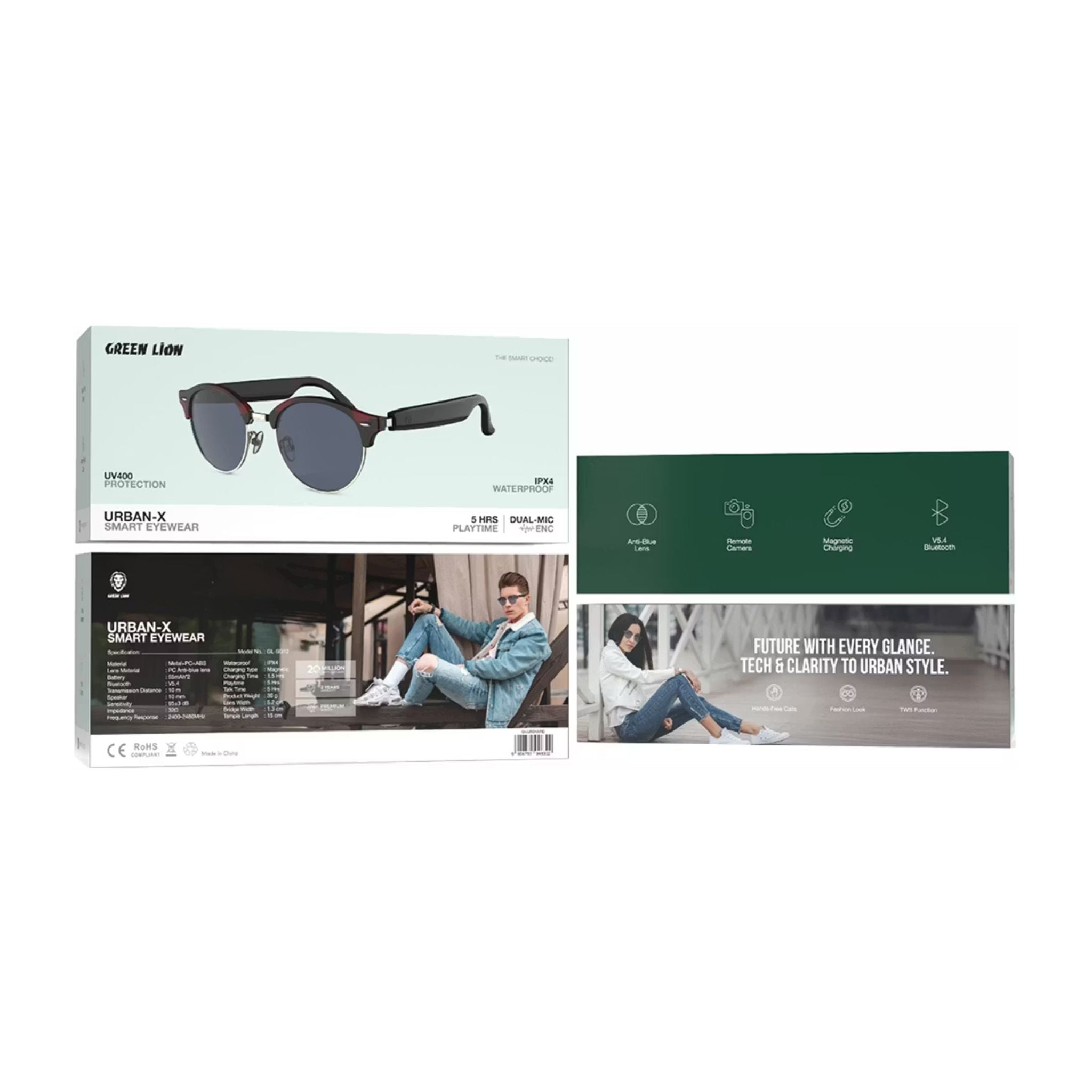 Green Lion Urban-X Bluetooth Smart Eyewear with UV400 Protection, Anti-Blue Light Lenses, Bluetooth 5.4, Touch Control, IPX4 Water Resistant, Magnetic Charging, 5-Hour Playtime – Red